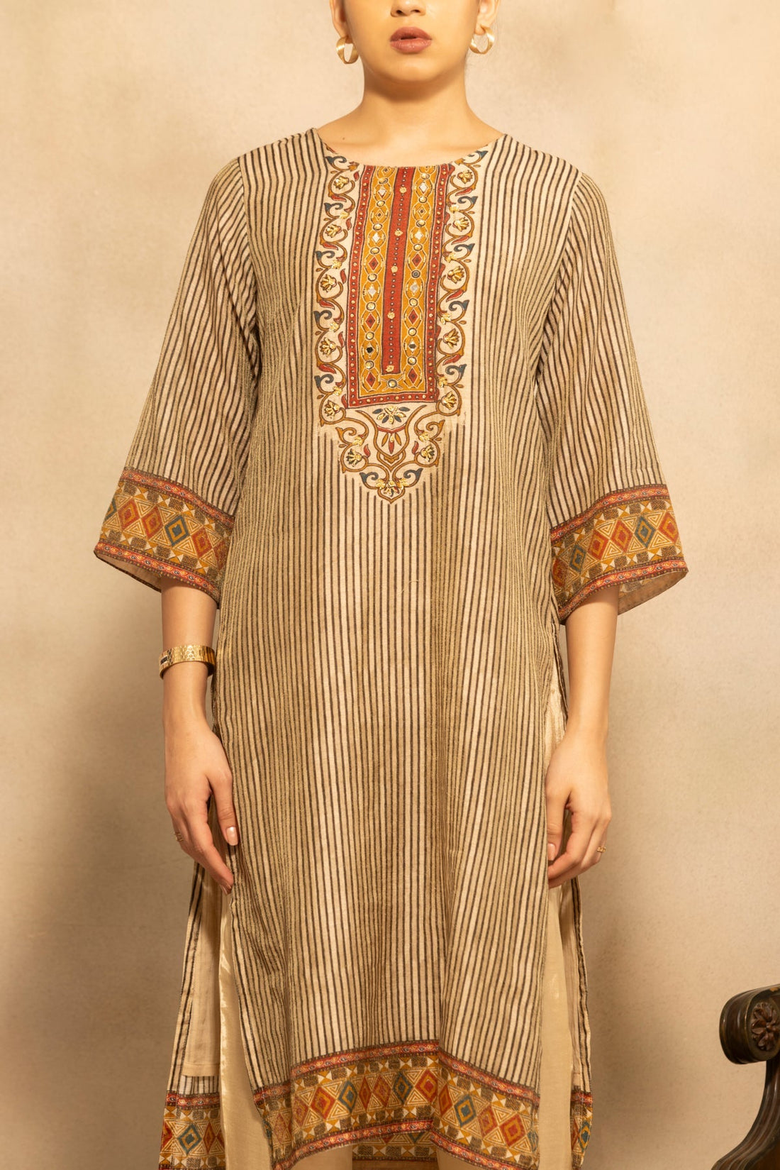 Beige Printed Kurta 3 Pcs Set