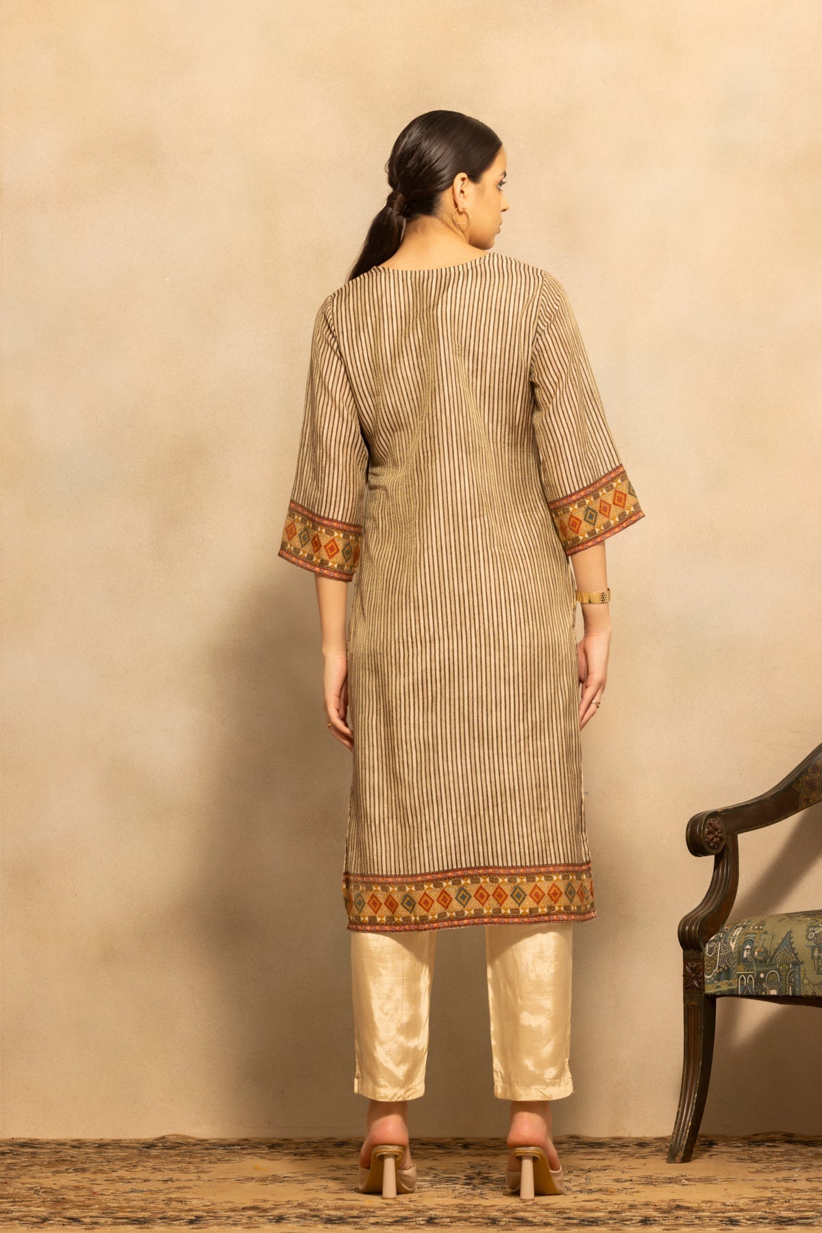 Beige Printed Kurta 3 Pcs Set