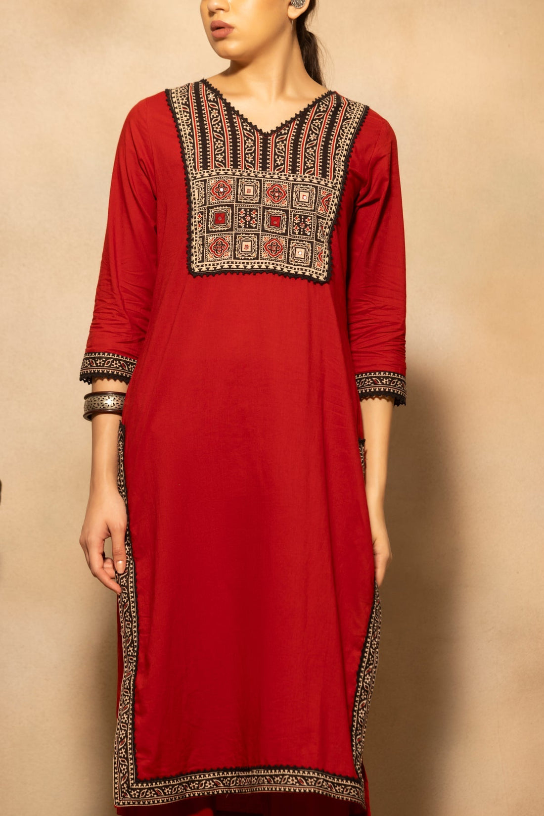 Rust Block Printed Kurta 3 Pcs Set