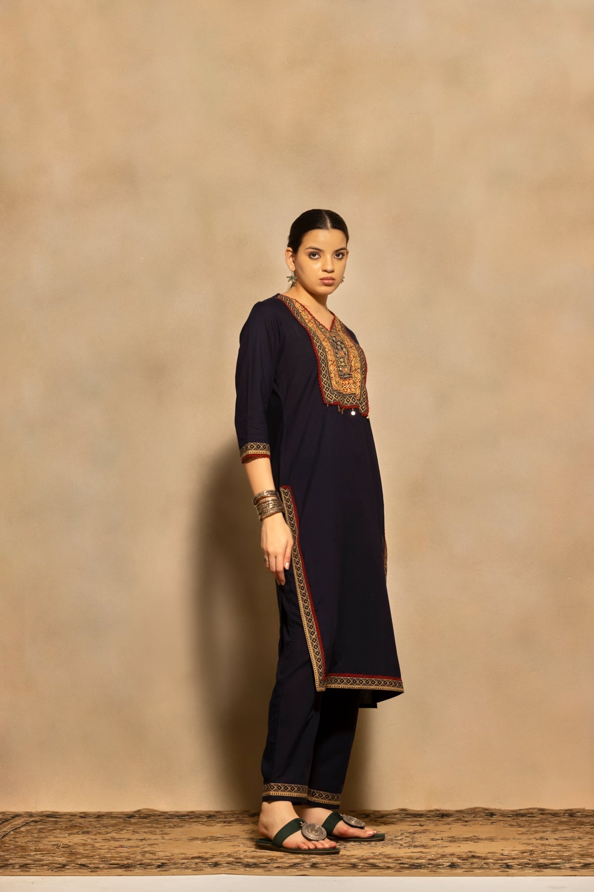 Navy Blue Block Printed Kurta 3 Pcs Set