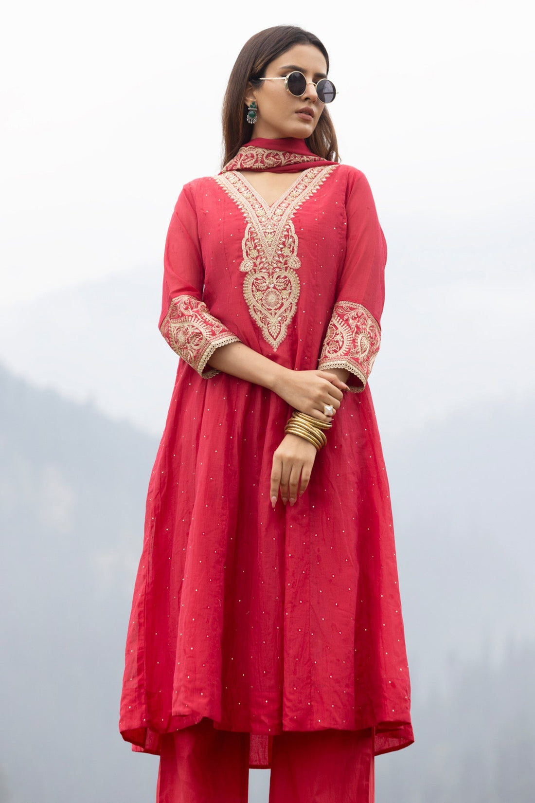 Pink A-line Stone Embellished Kurta 3 Pcs Set