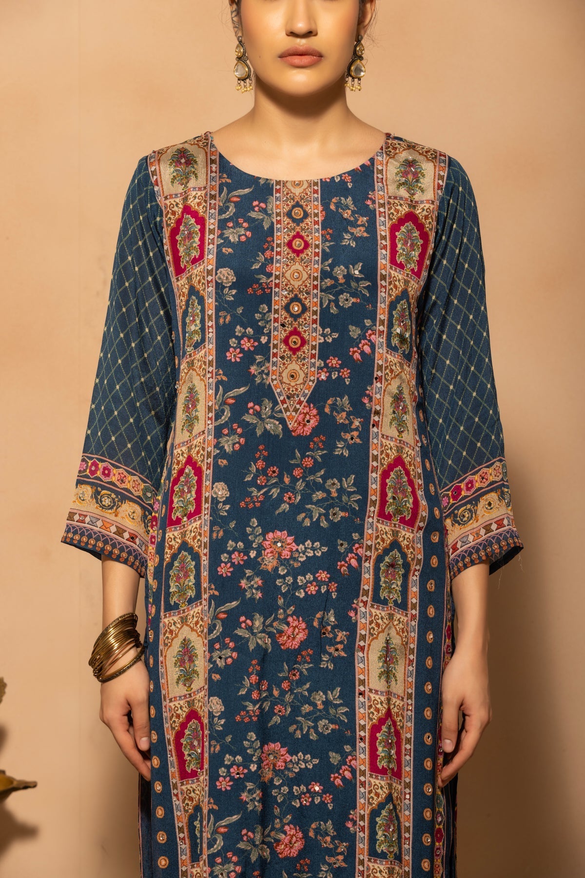 Blue Mirror Embellished Printed Kurta 3 Pcs Set