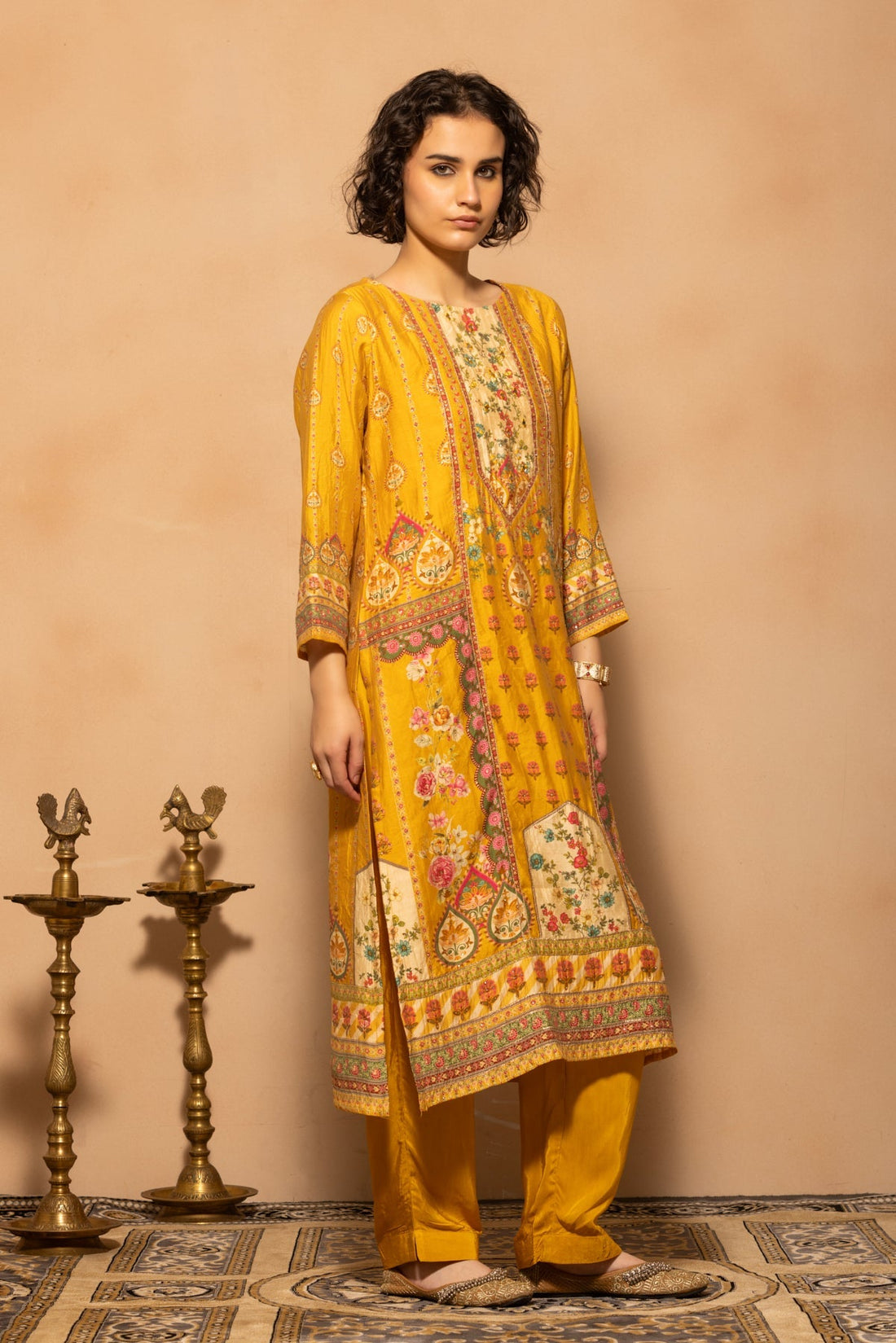 Mustard Embellished Printed Kurta 3 Pcs Set