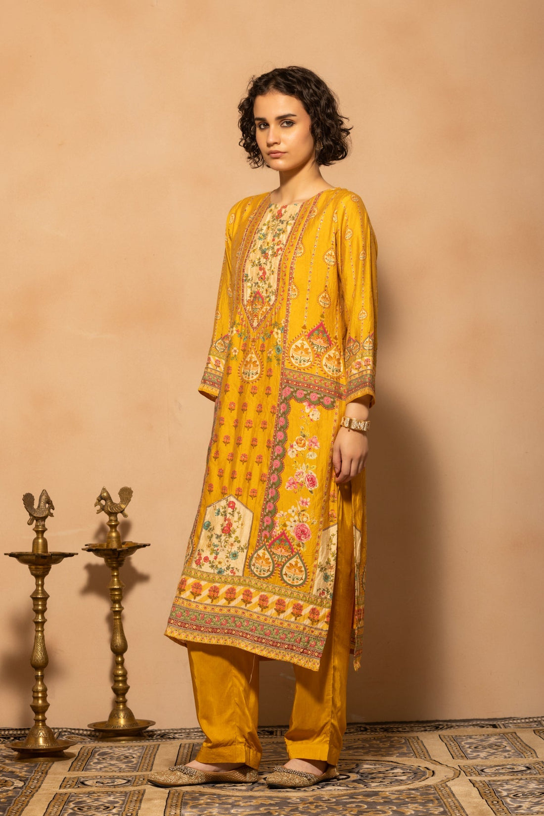 Mustard Embellished Printed Kurta 3 Pcs Set