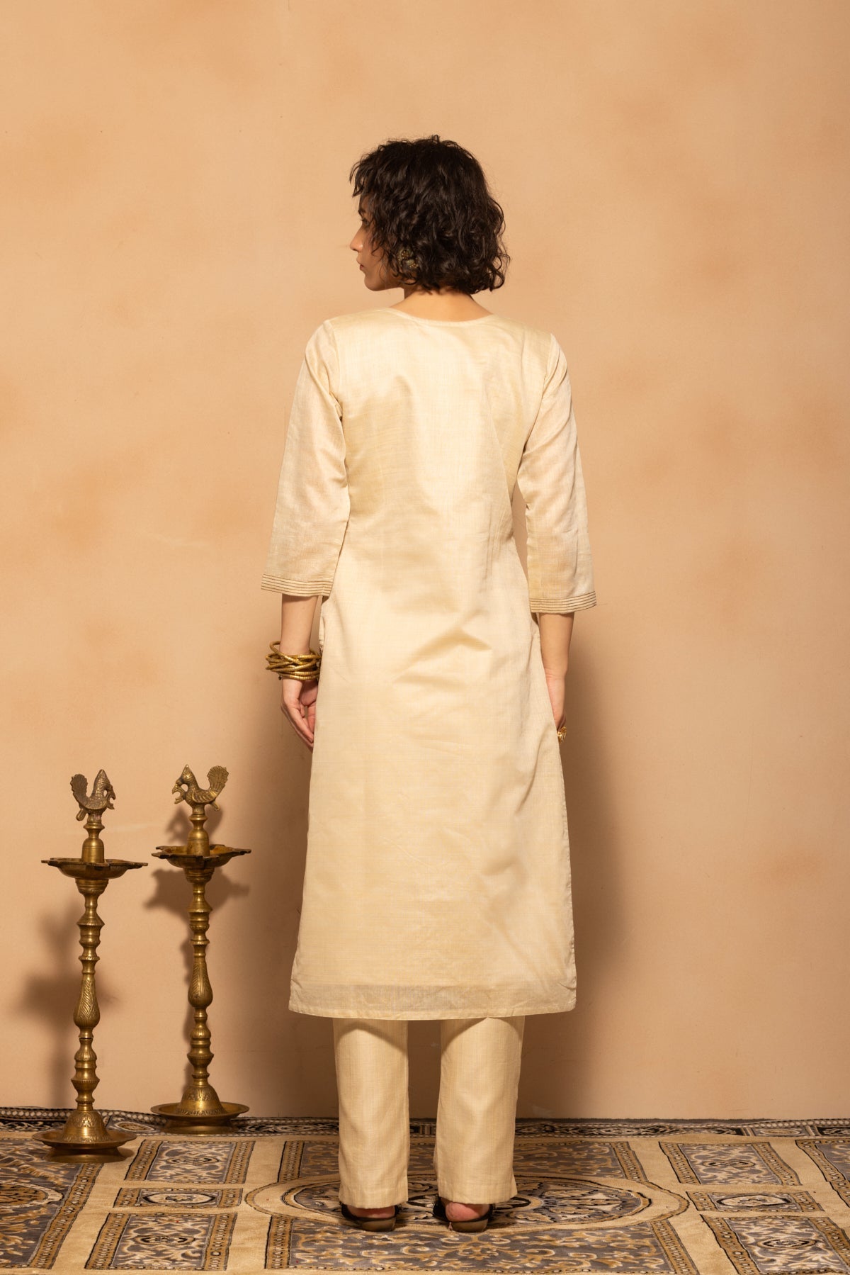 Cream Embroidered Kurta 3 Pcs Set