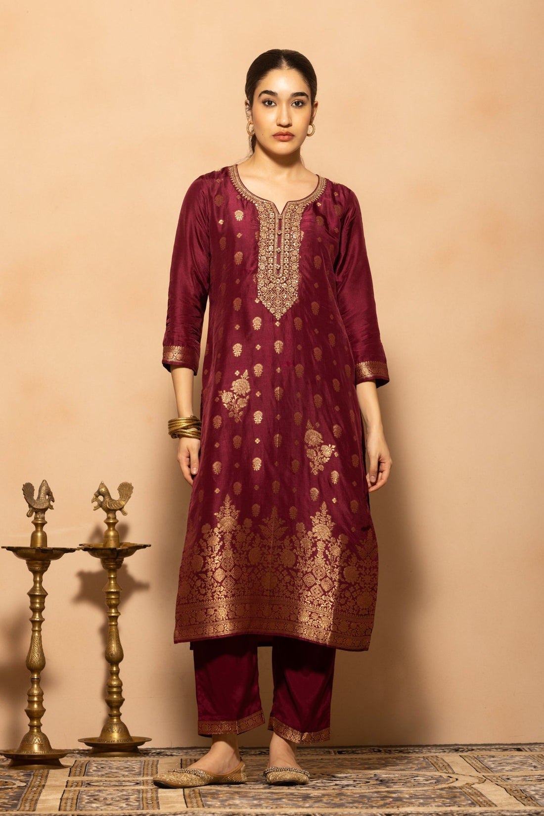 Wine Embellished Kurta 3 Pcs Set
