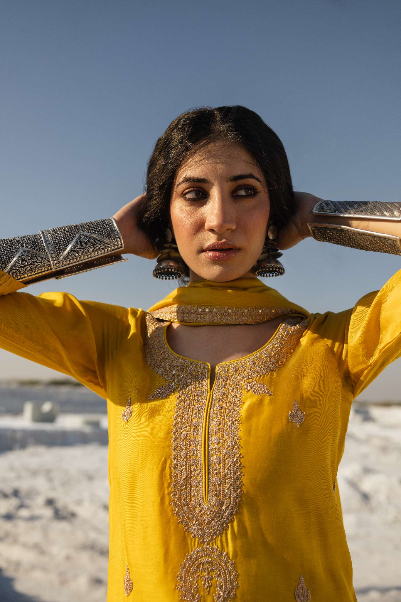 MUSTARD MUL CHANDERI EMBROIDERED KURTA SET