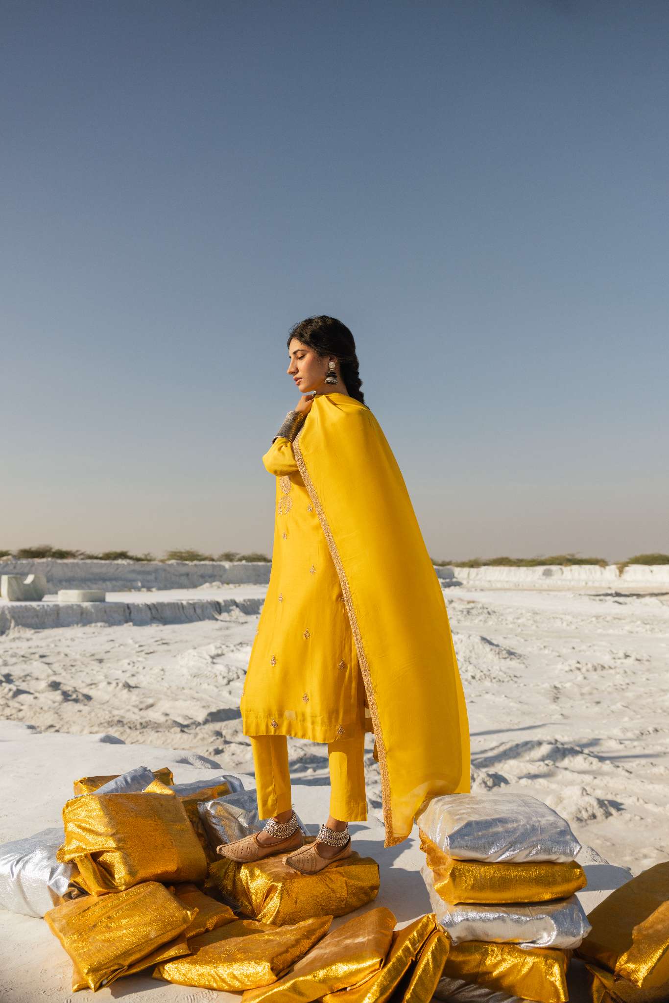 MUSTARD MUL CHANDERI EMBROIDERED KURTA SET