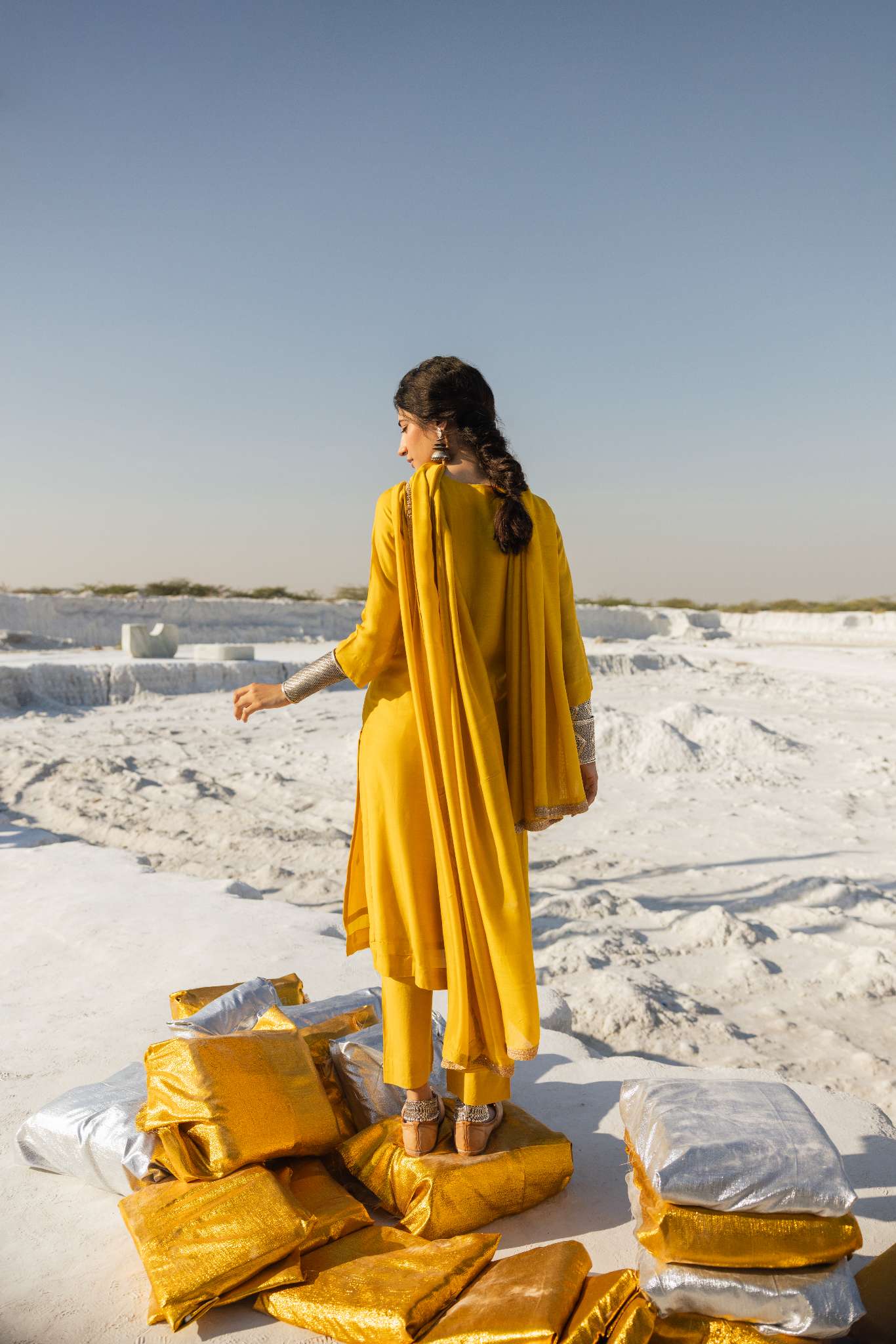 MUSTARD MUL CHANDERI EMBROIDERED KURTA SET