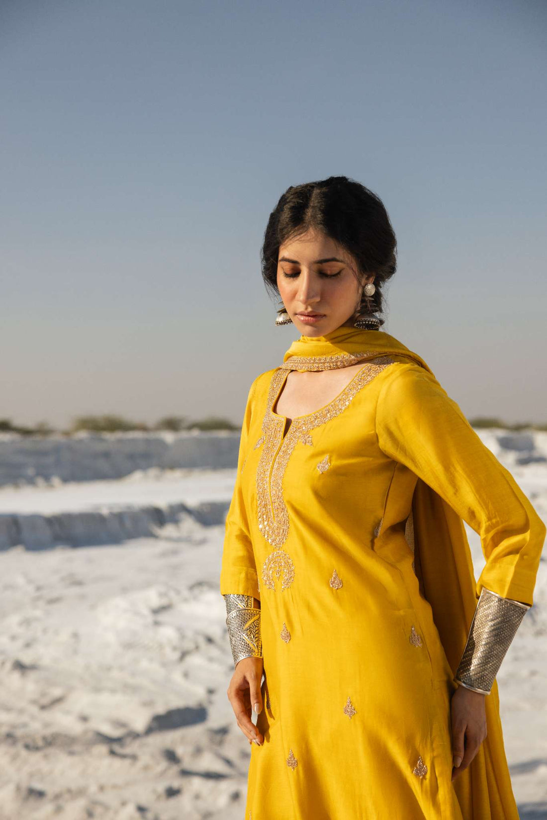 MUSTARD MUL CHANDERI EMBROIDERED KURTA SET