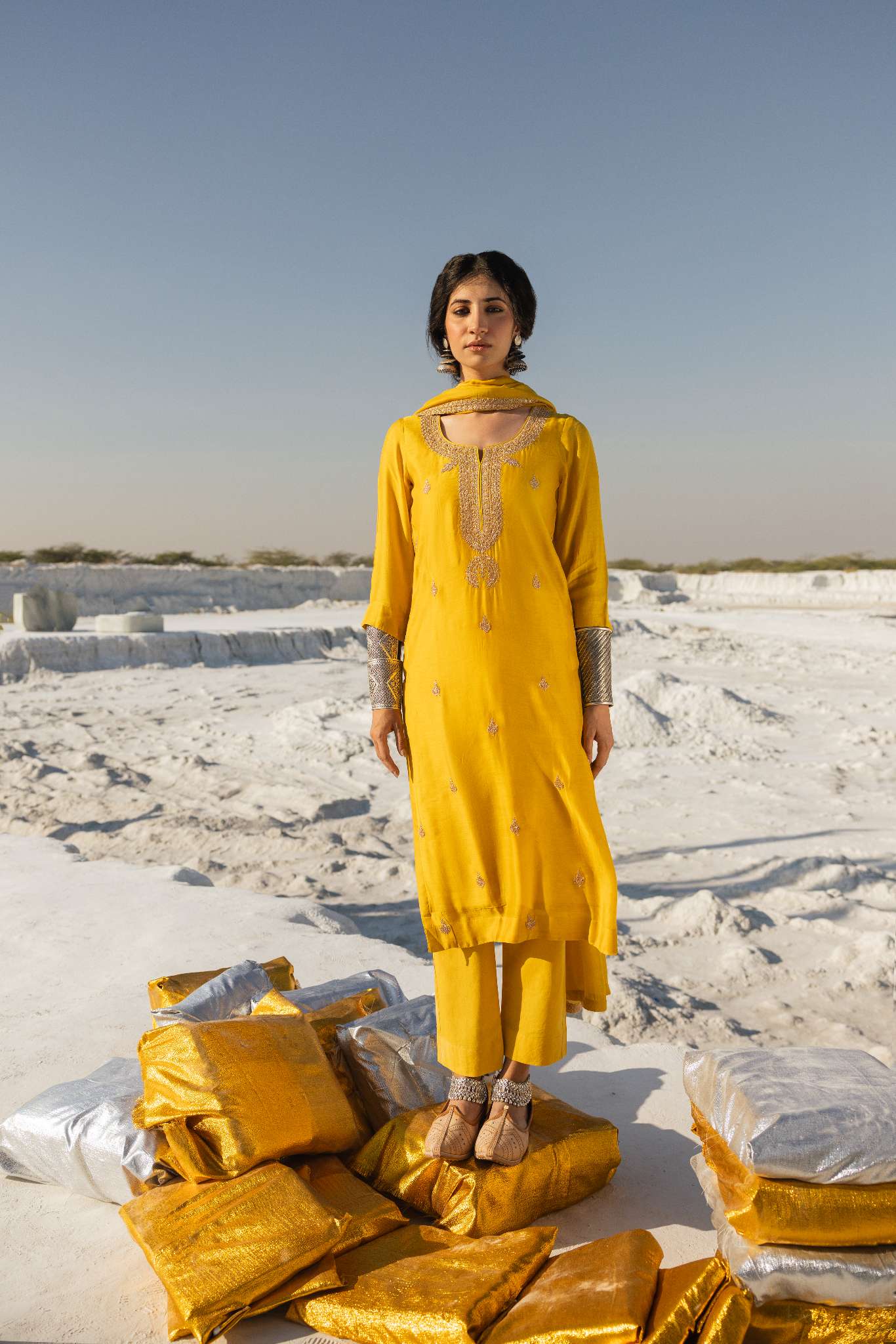 MUSTARD MUL CHANDERI EMBROIDERED KURTA SET