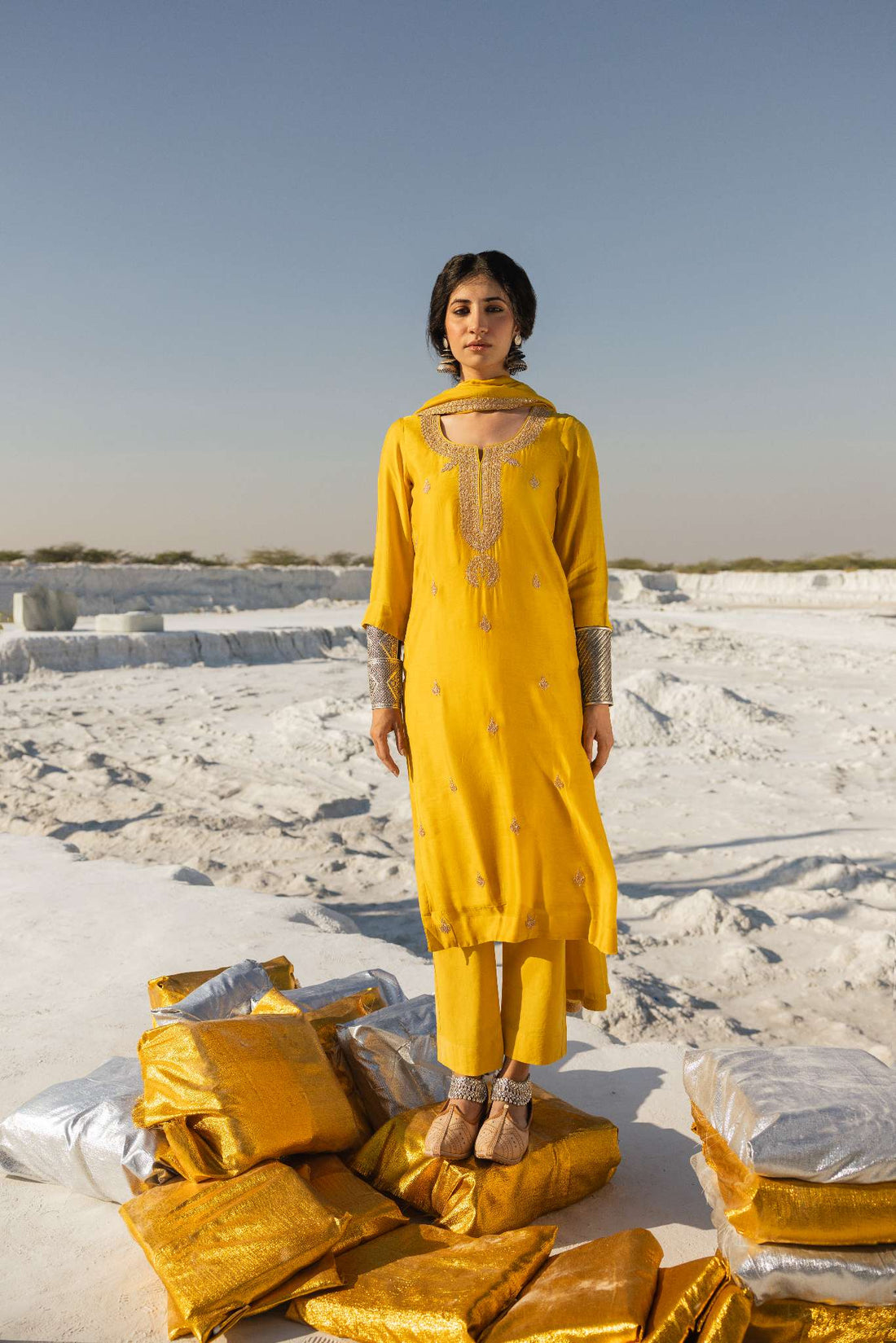 MUSTARD MUL CHANDERI EMBROIDERED KURTA SET