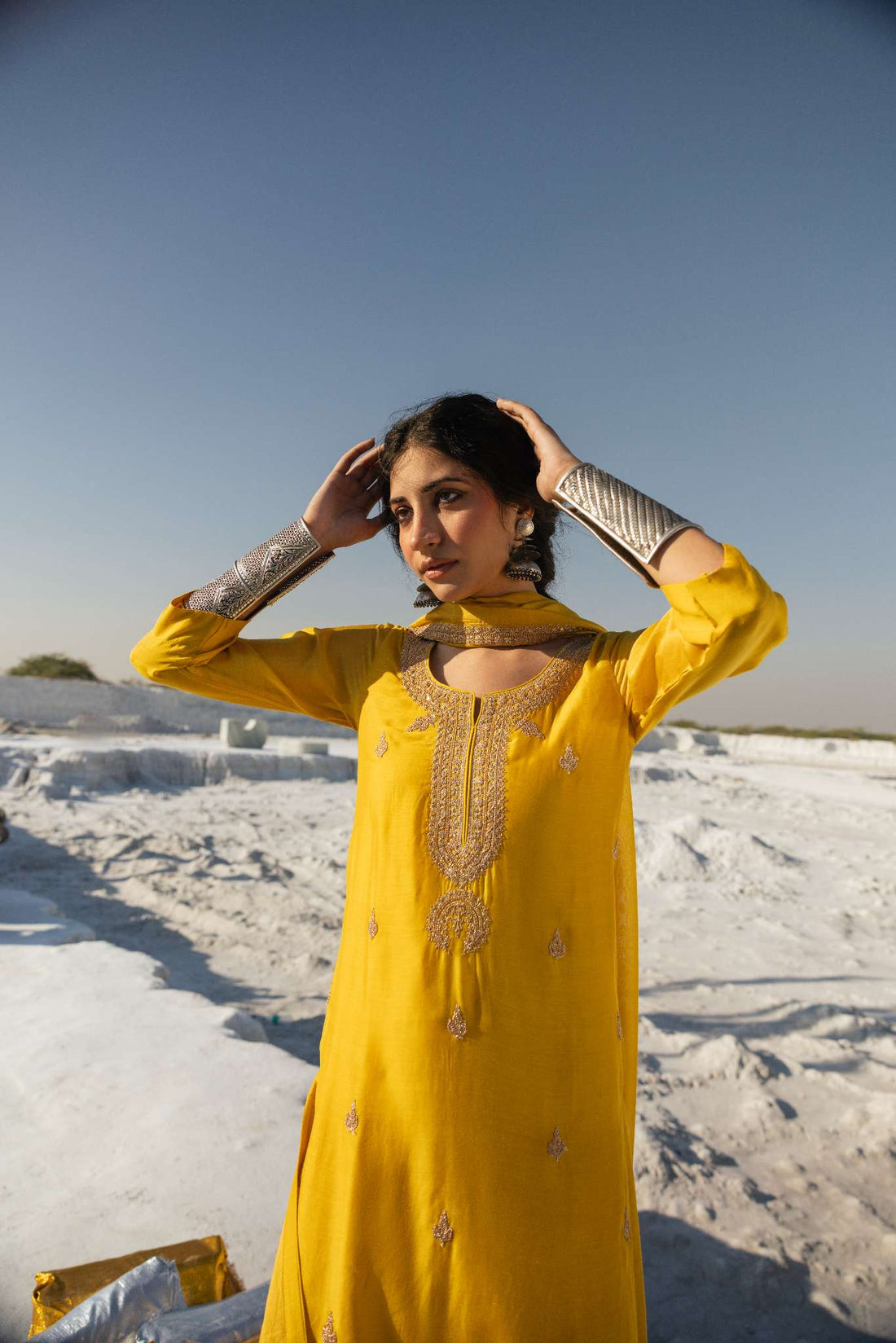 MUSTARD MUL CHANDERI EMBROIDERED KURTA SET
