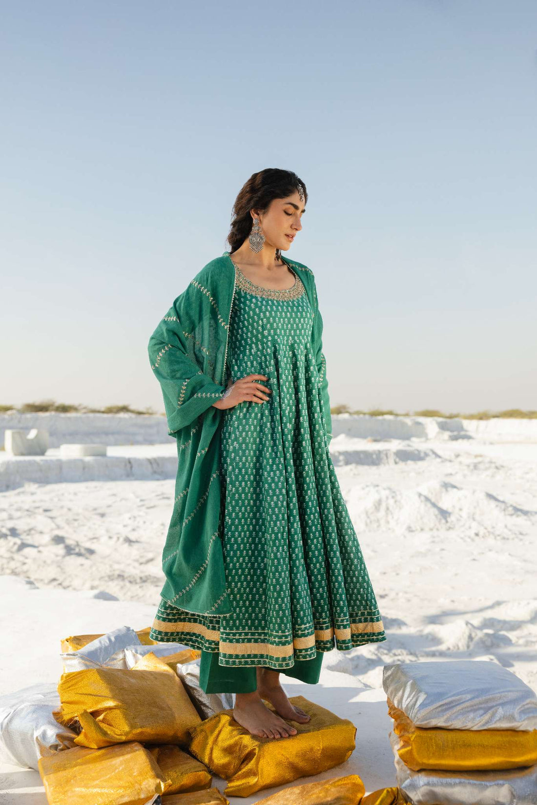 NOOR GREEN BLOCK PRINT ANARKALI SET