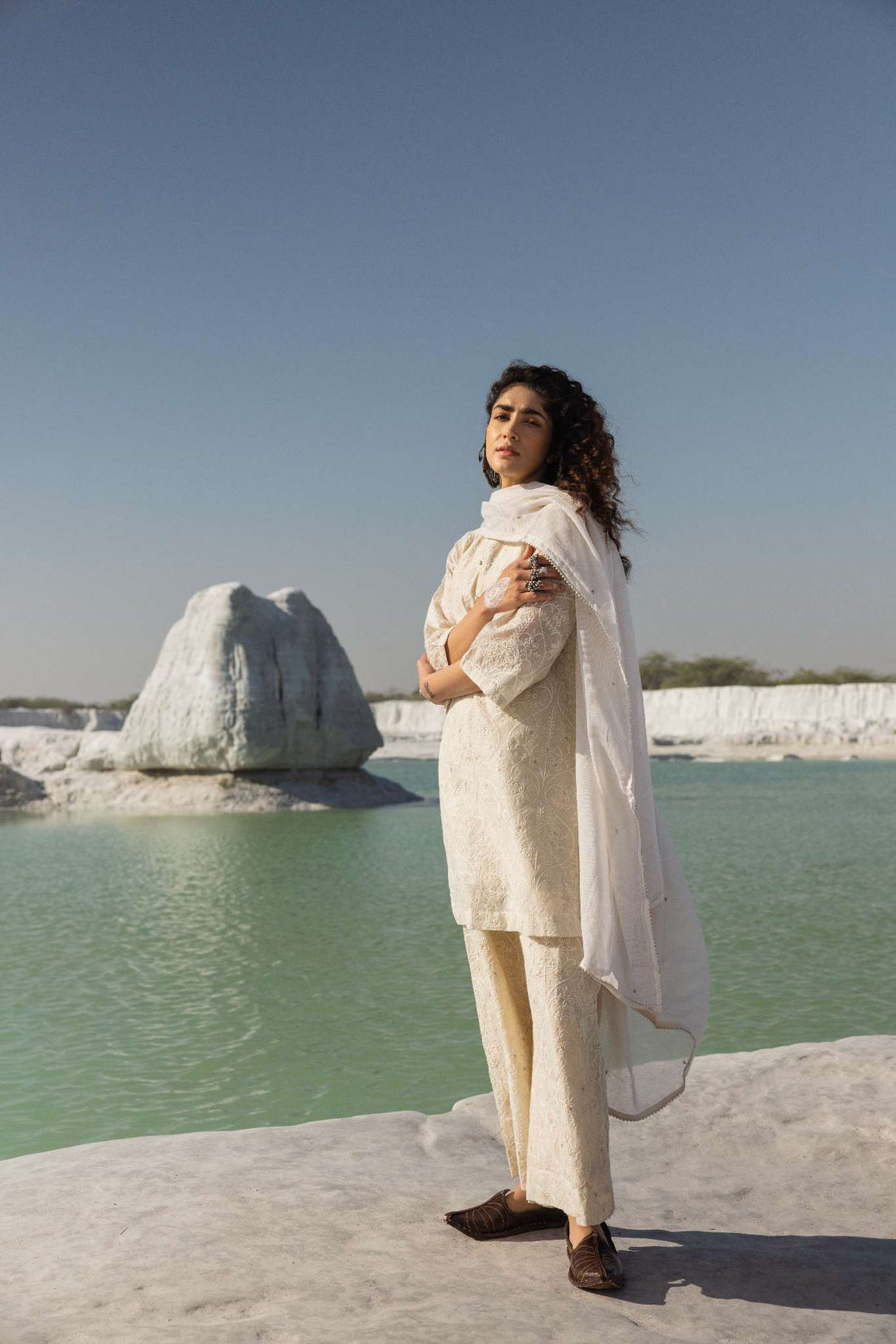 OFF WHITE JUTE CHANDERI CHIKANKARI KURTA SET