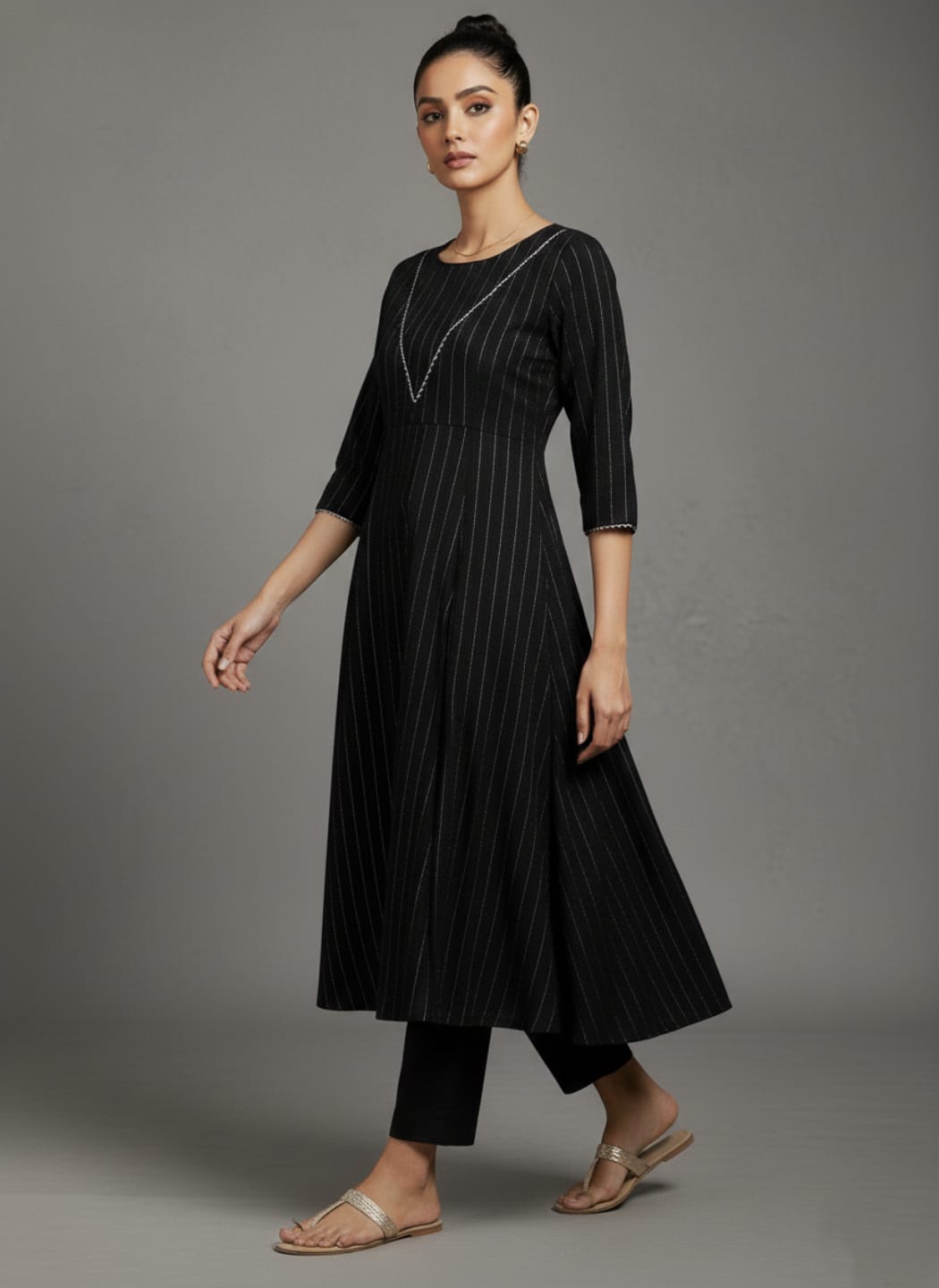 zeyvelle Women Black Lurex Crepe Anarkali Kurta With Trousers.