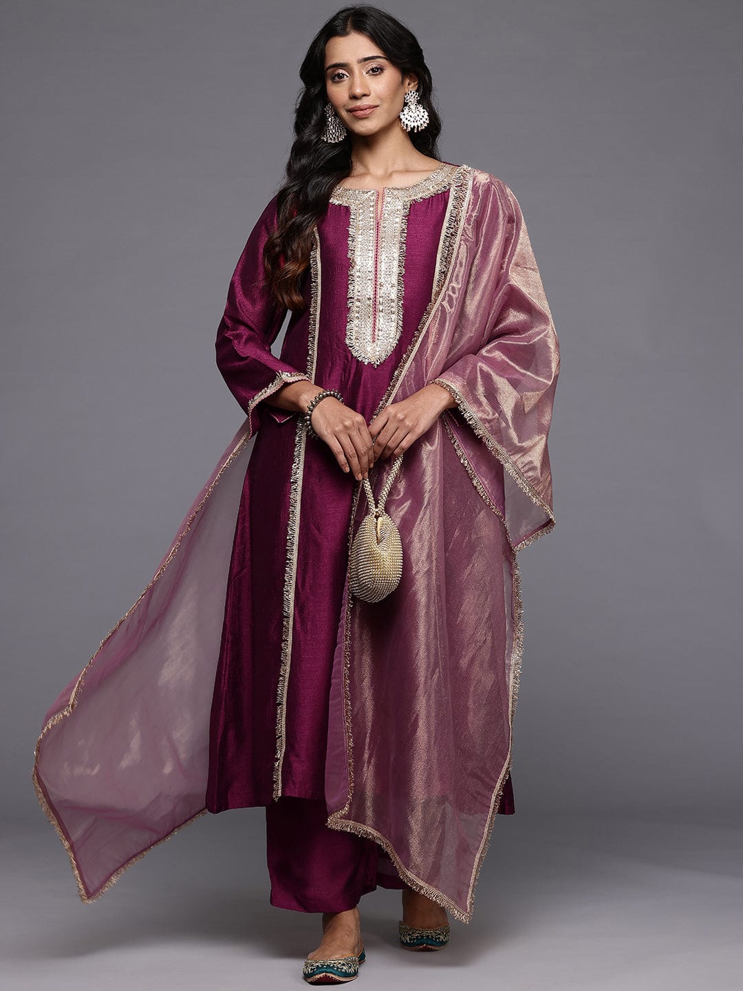 zeyvelle Women Wine Zari Lace Embellished Anarkali Kurta With Trousers And Tissue Dupatta