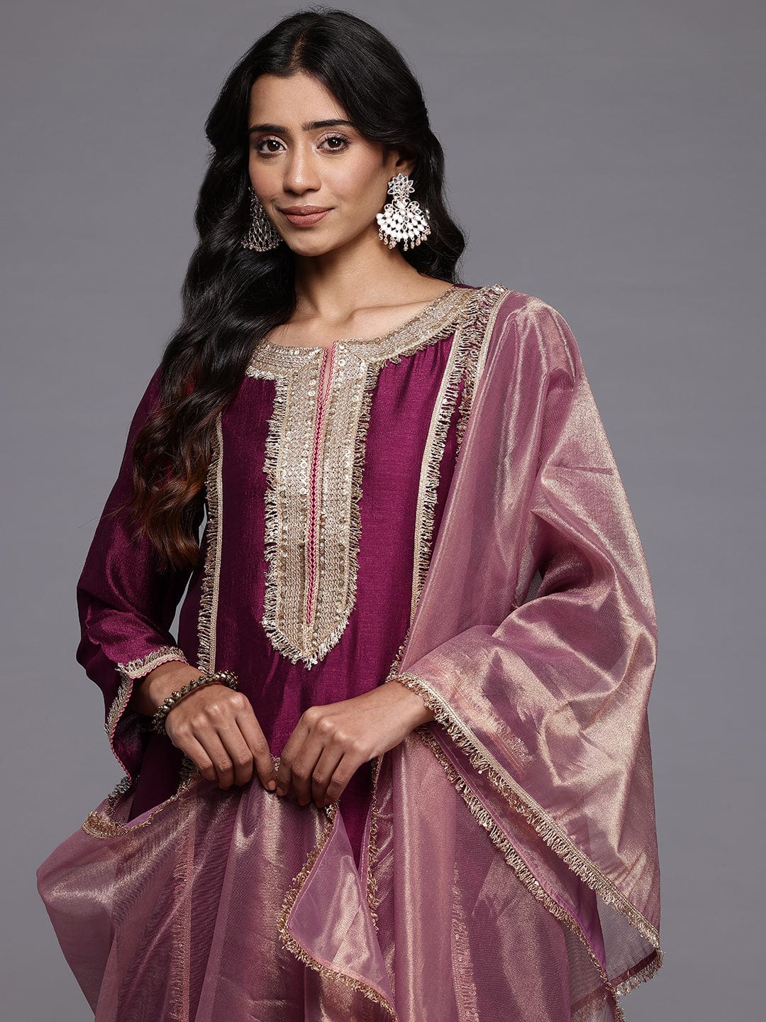 zeyvelle Women Wine Zari Lace Embellished Anarkali Kurta With Trousers And Tissue Dupatta