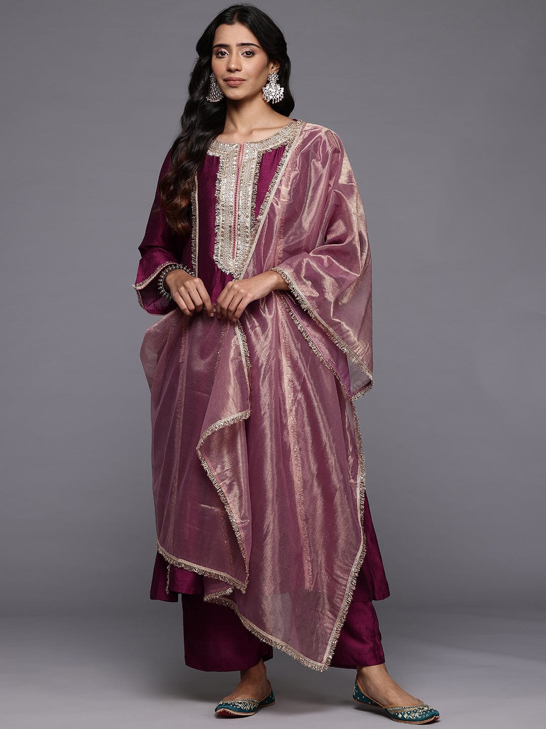 zeyvelle Women Wine Zari Lace Embellished Anarkali Kurta With Trousers And Tissue Dupatta