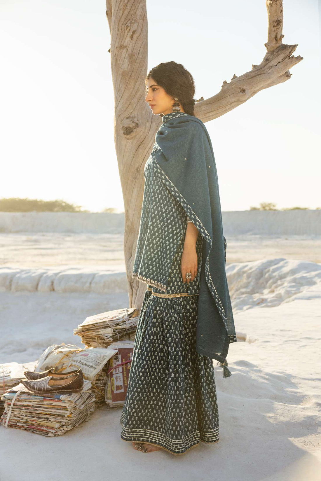 INDIGO BLUE BLOCK PRINT SHARARA SET