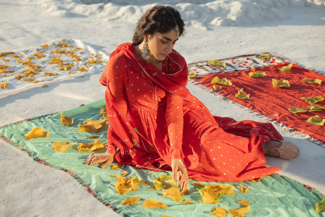 RED MUL COTTON ANARKALI SET