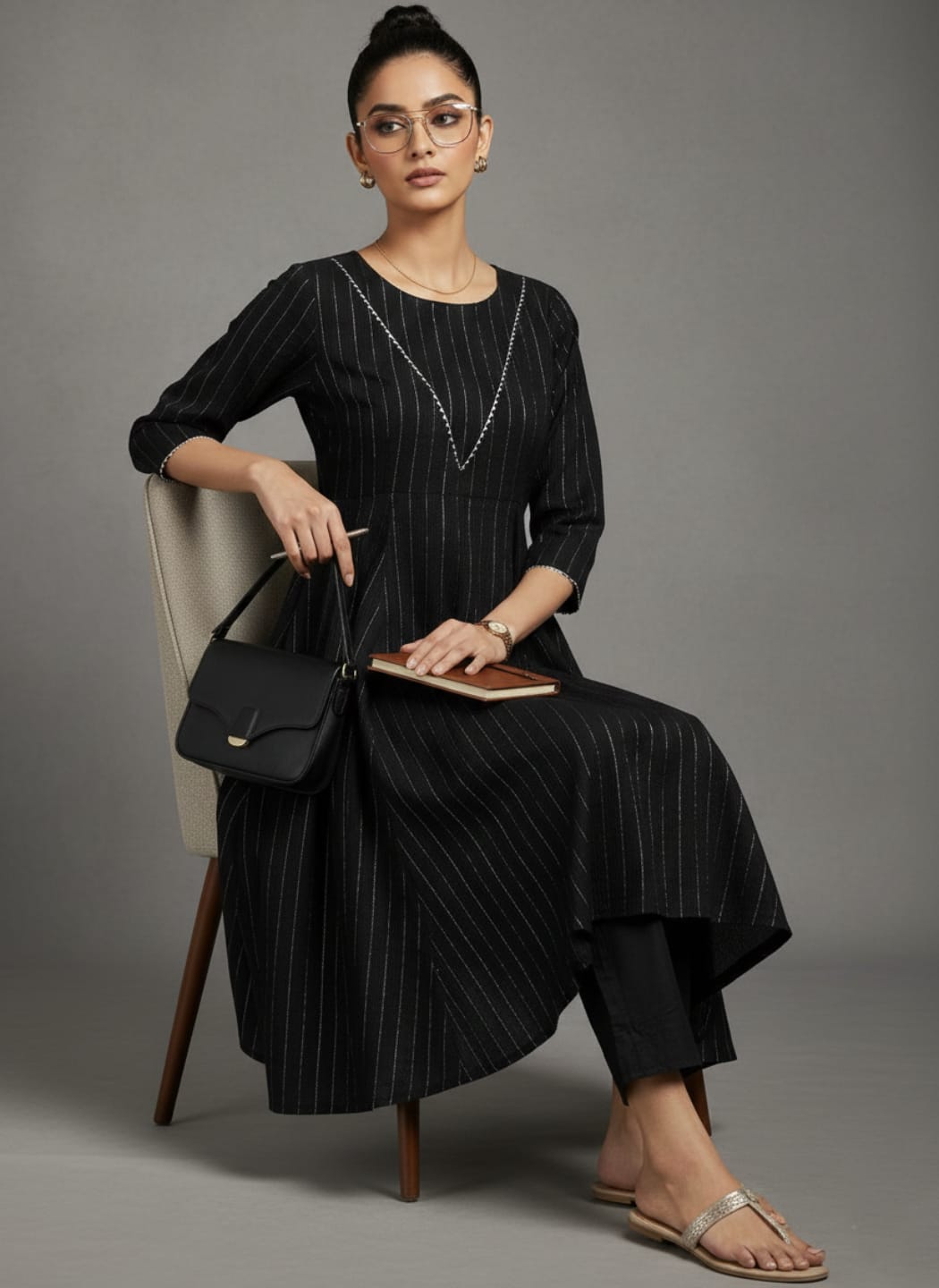 zeyvelle Women Black Lurex Crepe Anarkali Kurta With Trousers.