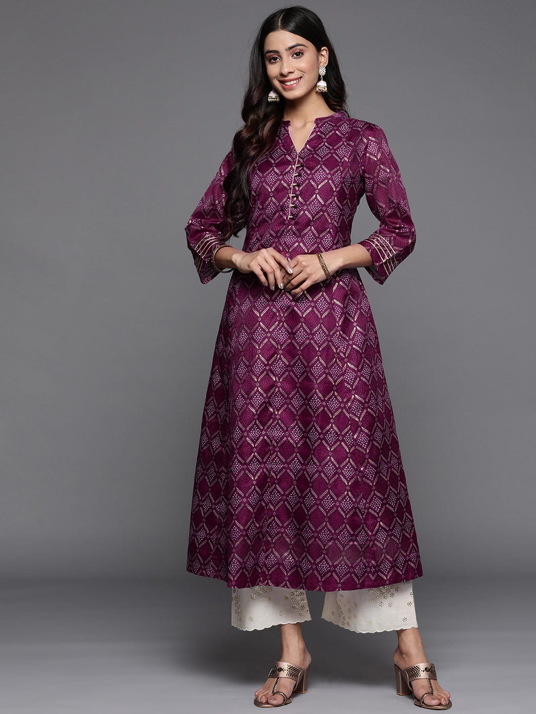 zeyvelle Women Purple Bandhani Printed Anarkali Kurta