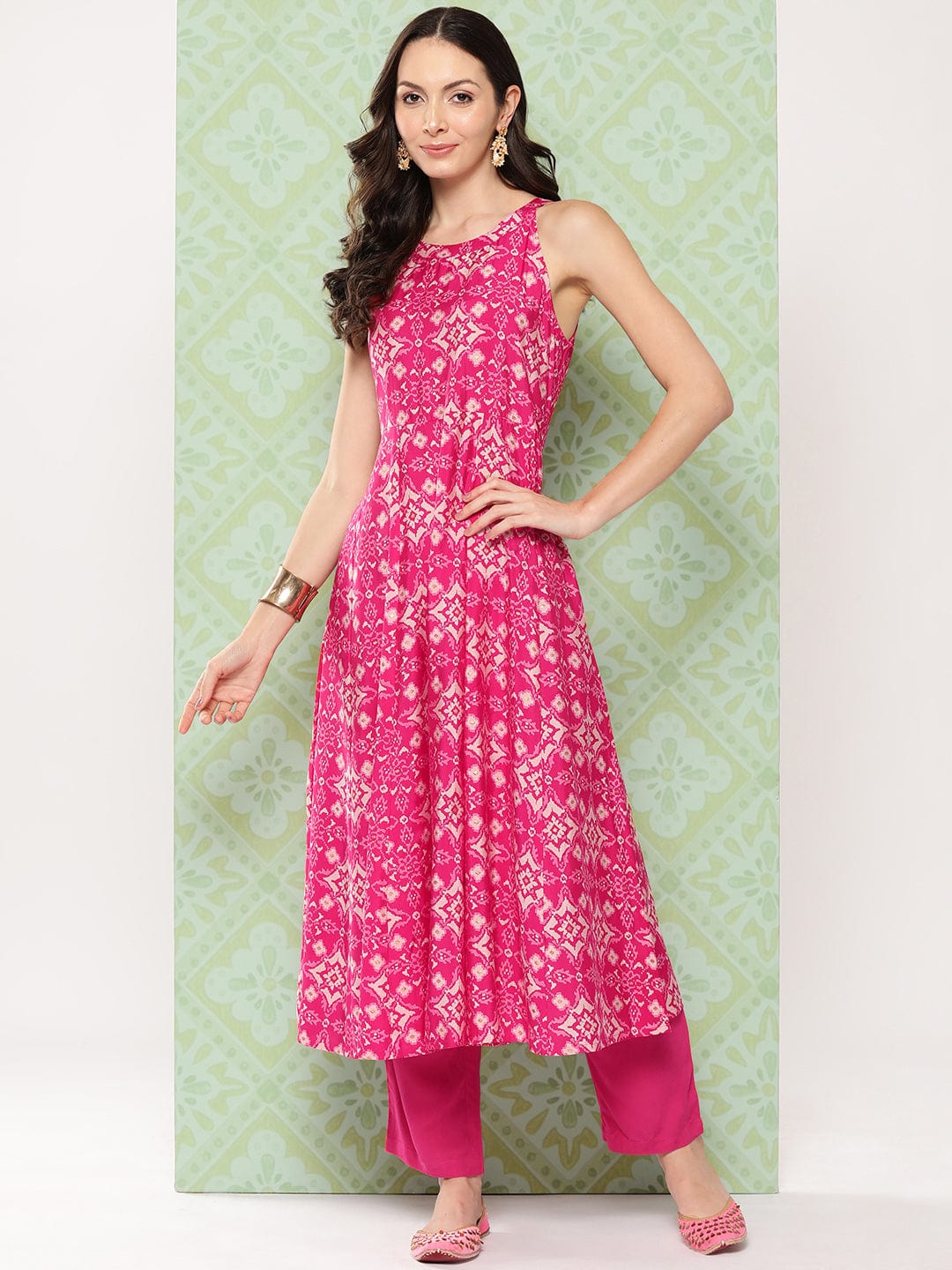zeyvelle Women Pink Patola Printed Anarkali Kurta Paired With Solid Bottom