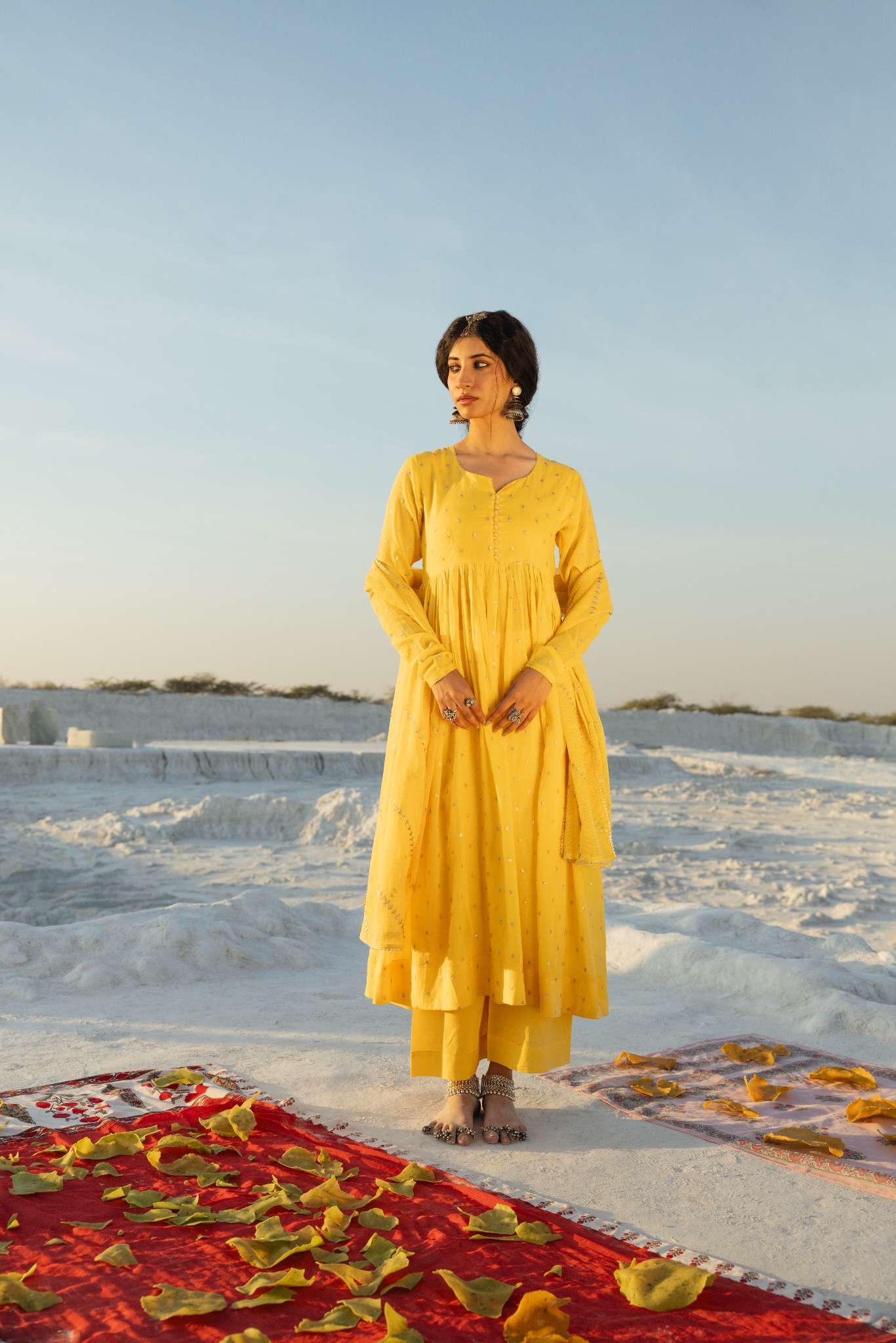 YELLOW MUL COTTON ANARKALI SET