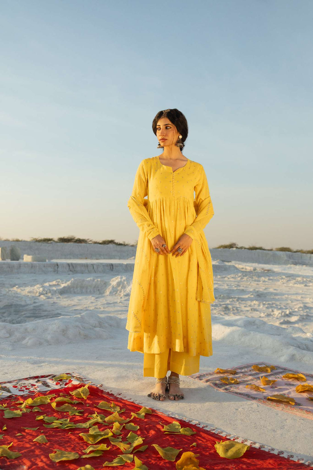 YELLOW MUL COTTON ANARKALI SET