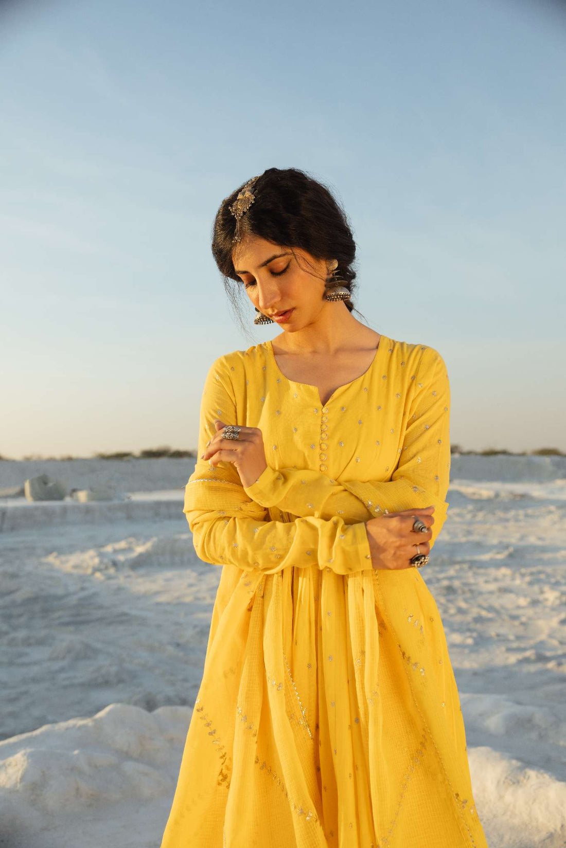 YELLOW MUL COTTON ANARKALI SET