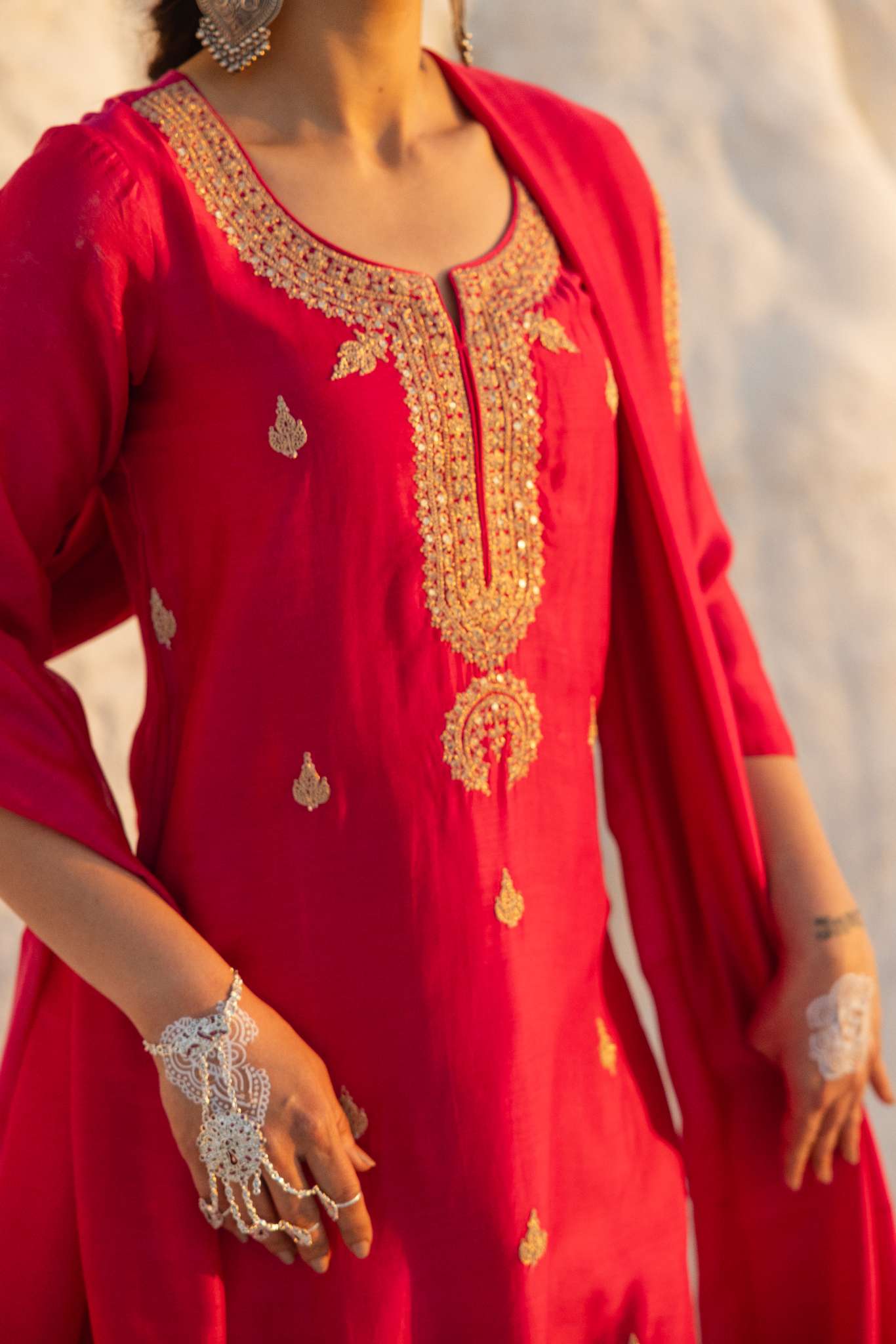 HOT PINK MUL CHANDERI EMBROIDERED KURTA SET