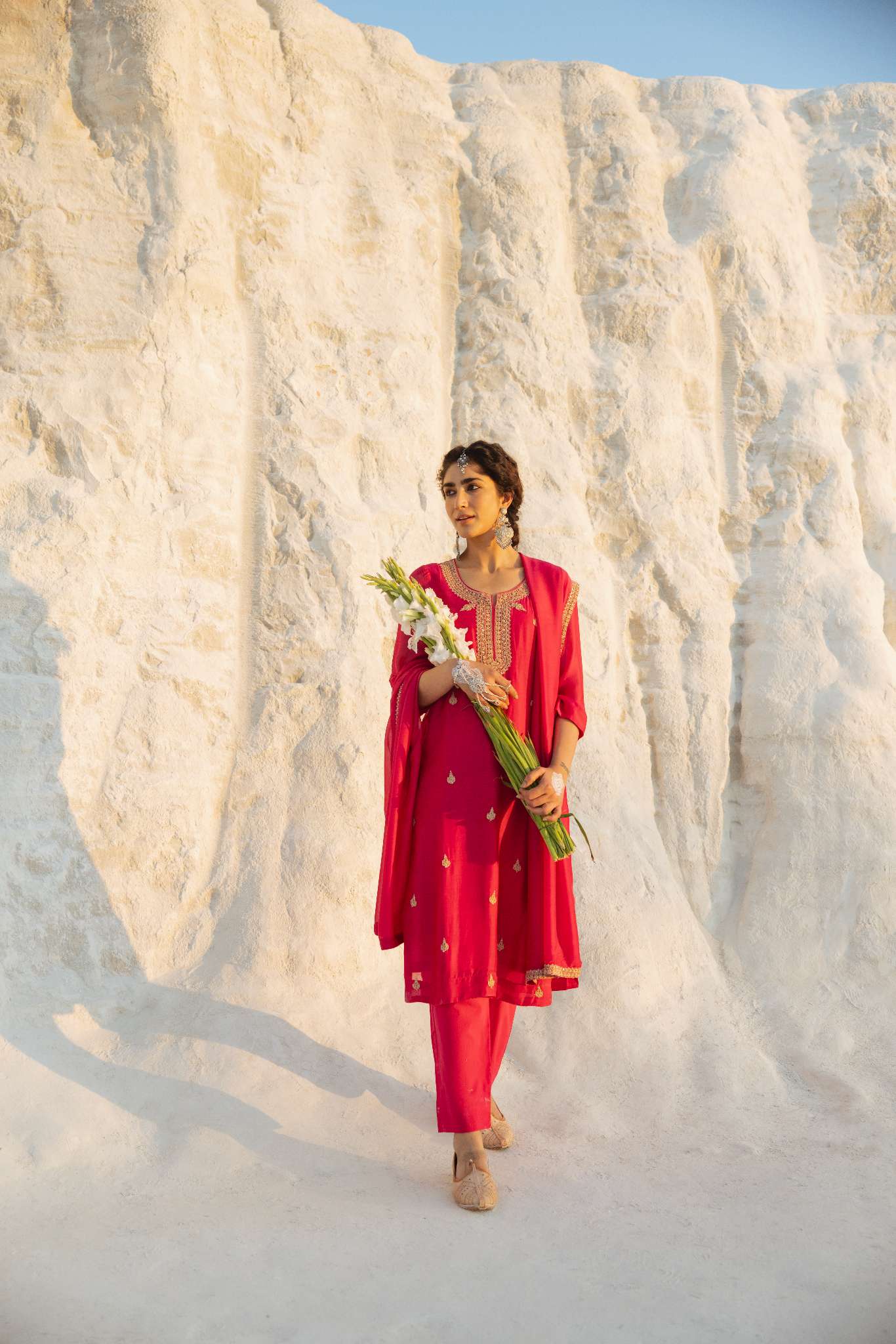 HOT PINK MUL CHANDERI EMBROIDERED KURTA SET