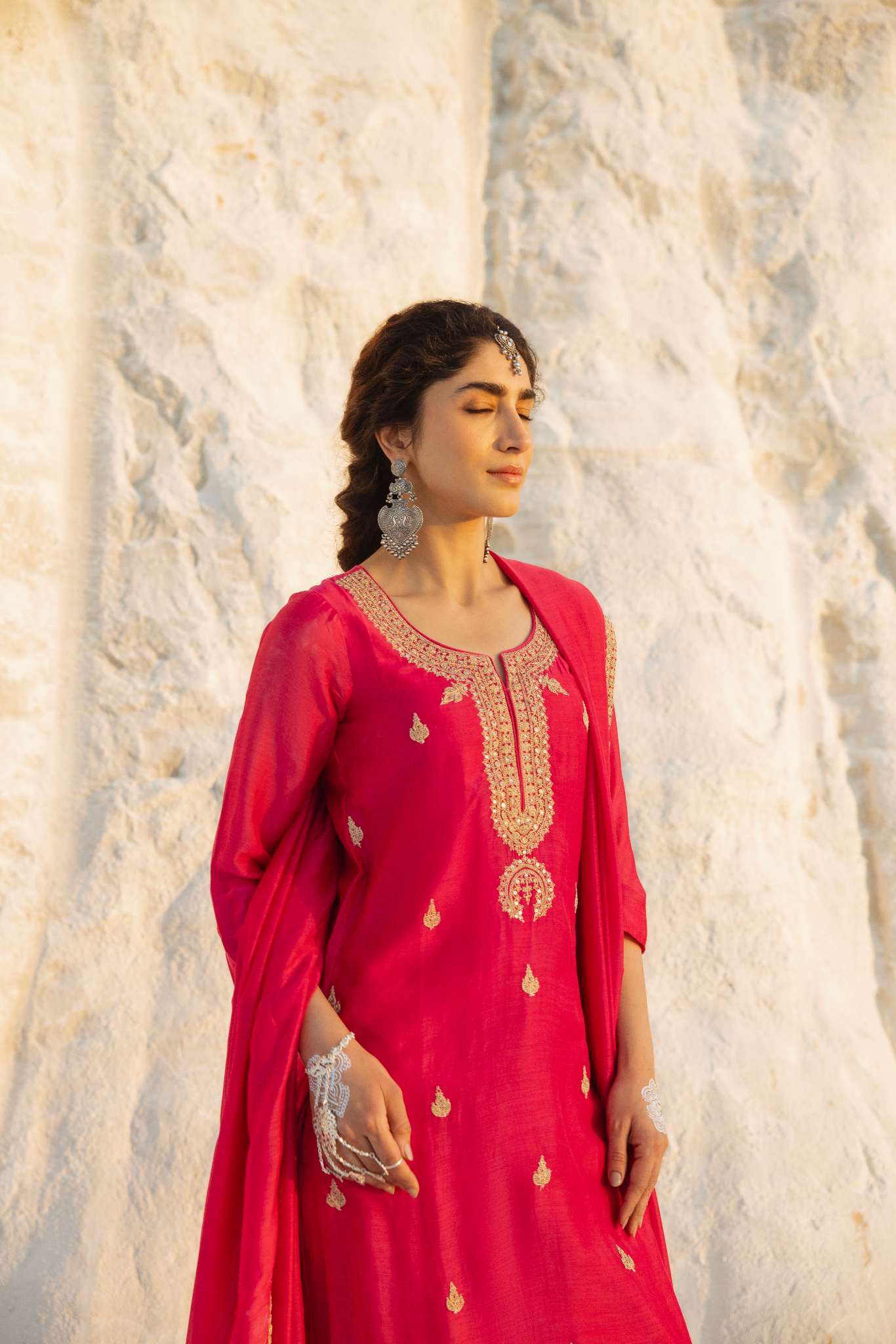 HOT PINK MUL CHANDERI EMBROIDERED KURTA SET