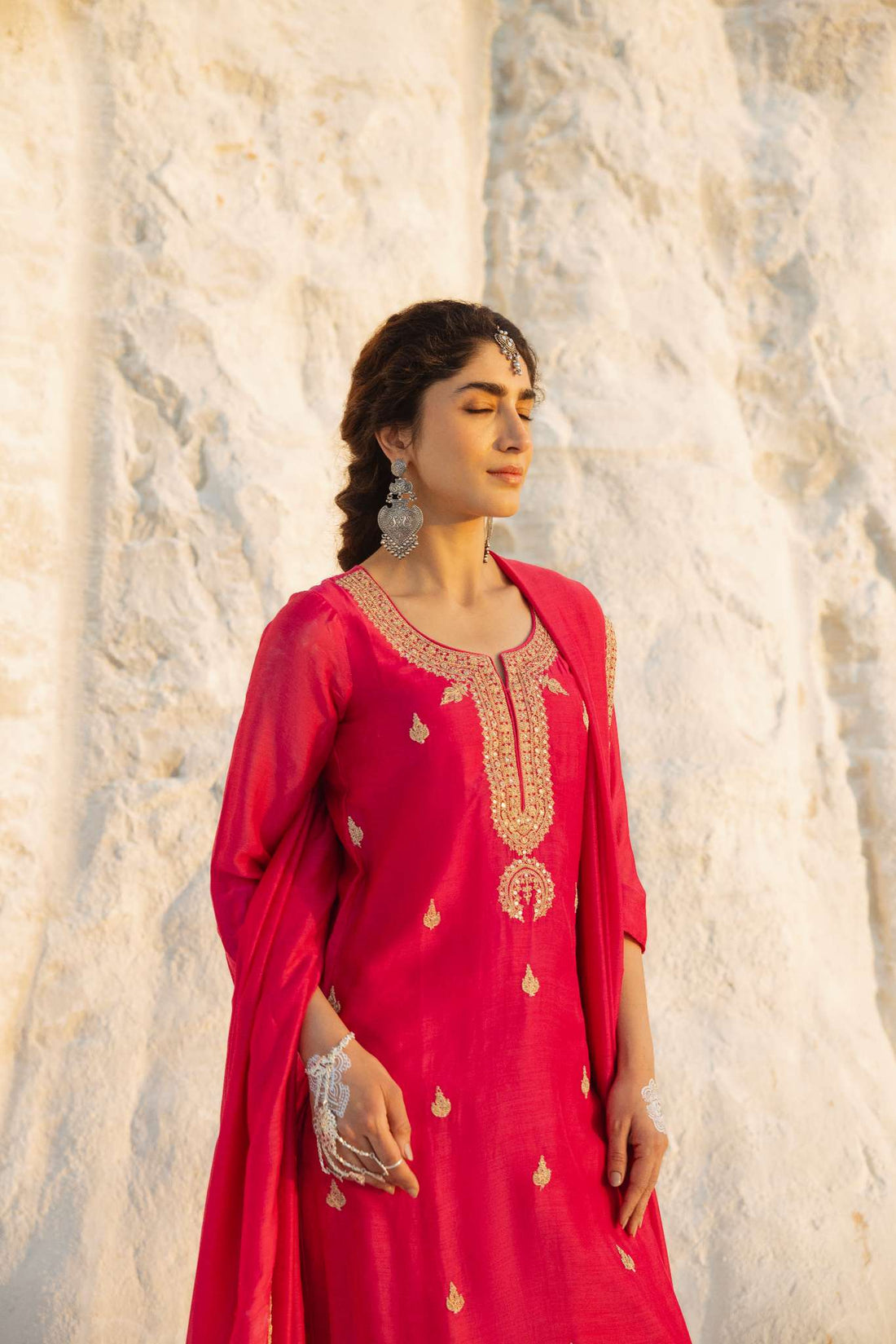 HOT PINK MUL CHANDERI EMBROIDERED KURTA SET