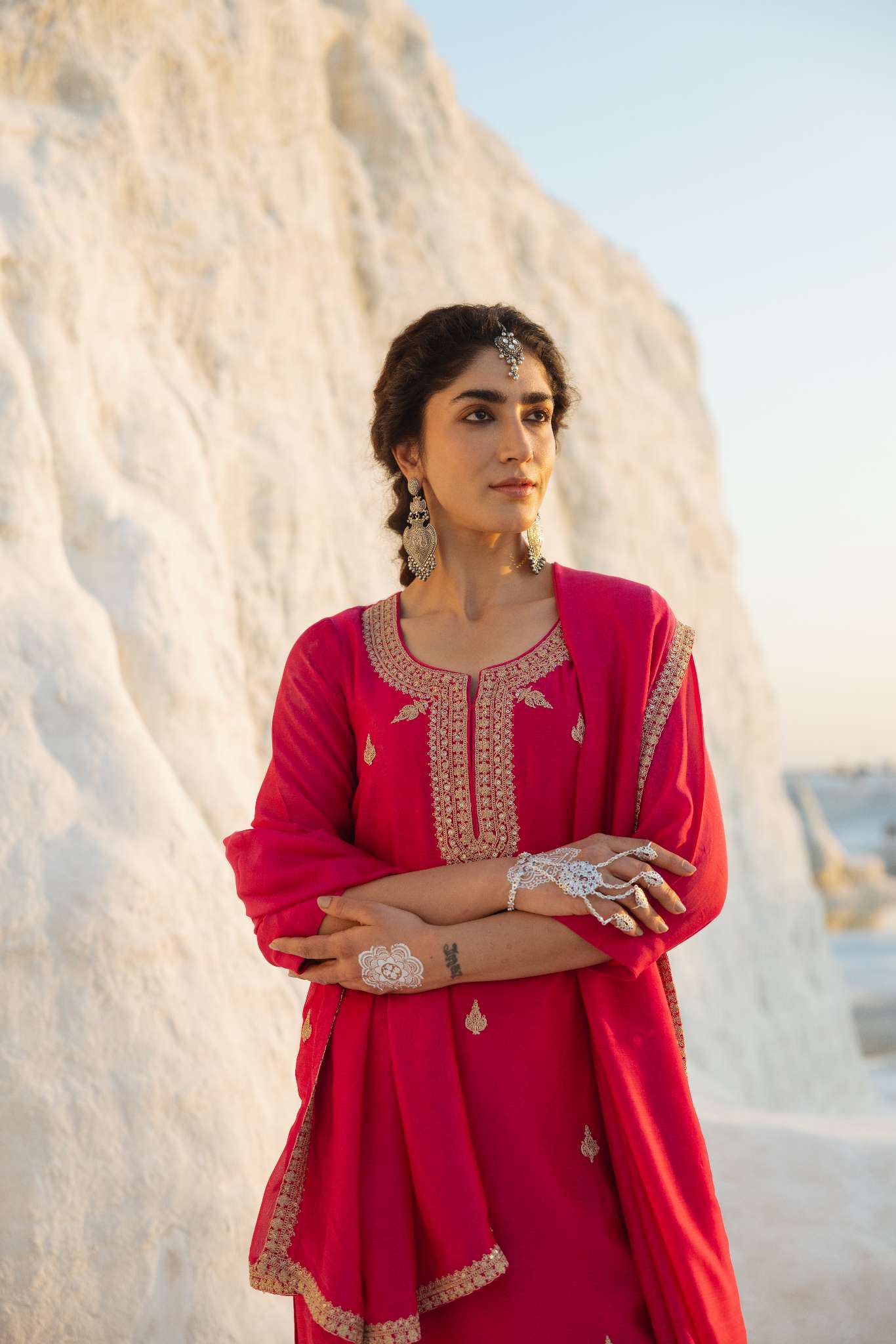 HOT PINK MUL CHANDERI EMBROIDERED KURTA SET
