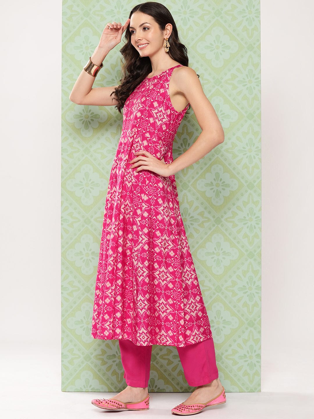 zeyvelle Women Pink Patola Printed Anarkali Kurta Paired With Solid Bottom