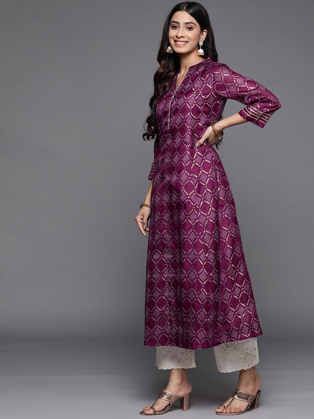zeyvelle Women Purple Bandhani Printed Anarkali Kurta
