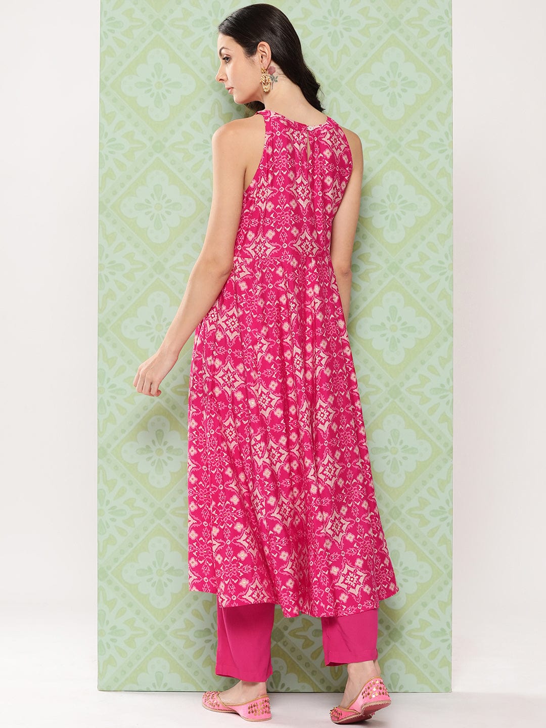 zeyvelle Women Pink Patola Printed Anarkali Kurta Paired With Solid Bottom