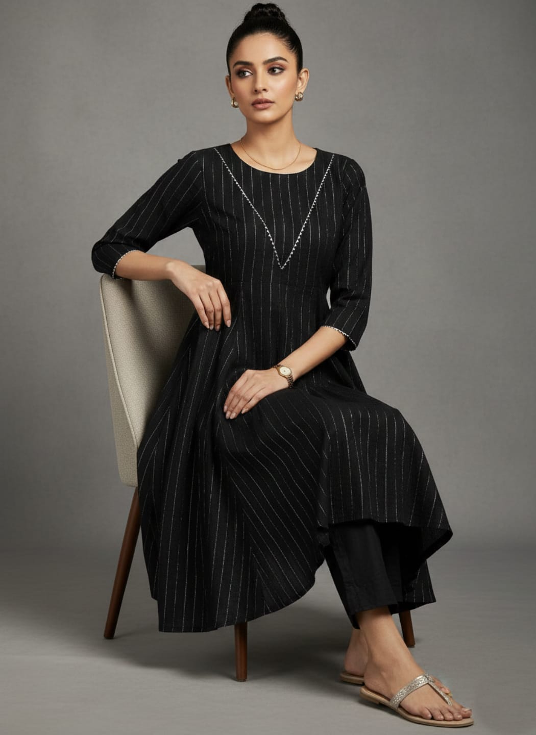 zeyvelle Women Black Lurex Crepe Anarkali Kurta With Trousers.