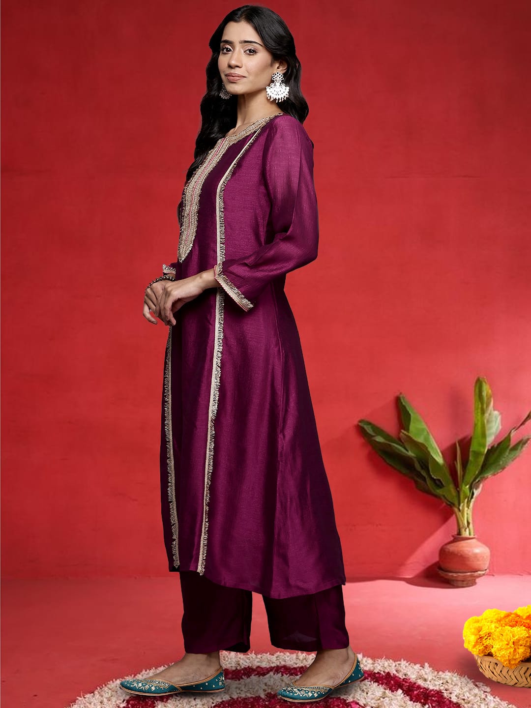 zeyvelle Women Wine Zari Lace Embellished Anarkali Kurta With Trousers And Tissue Dupatta.