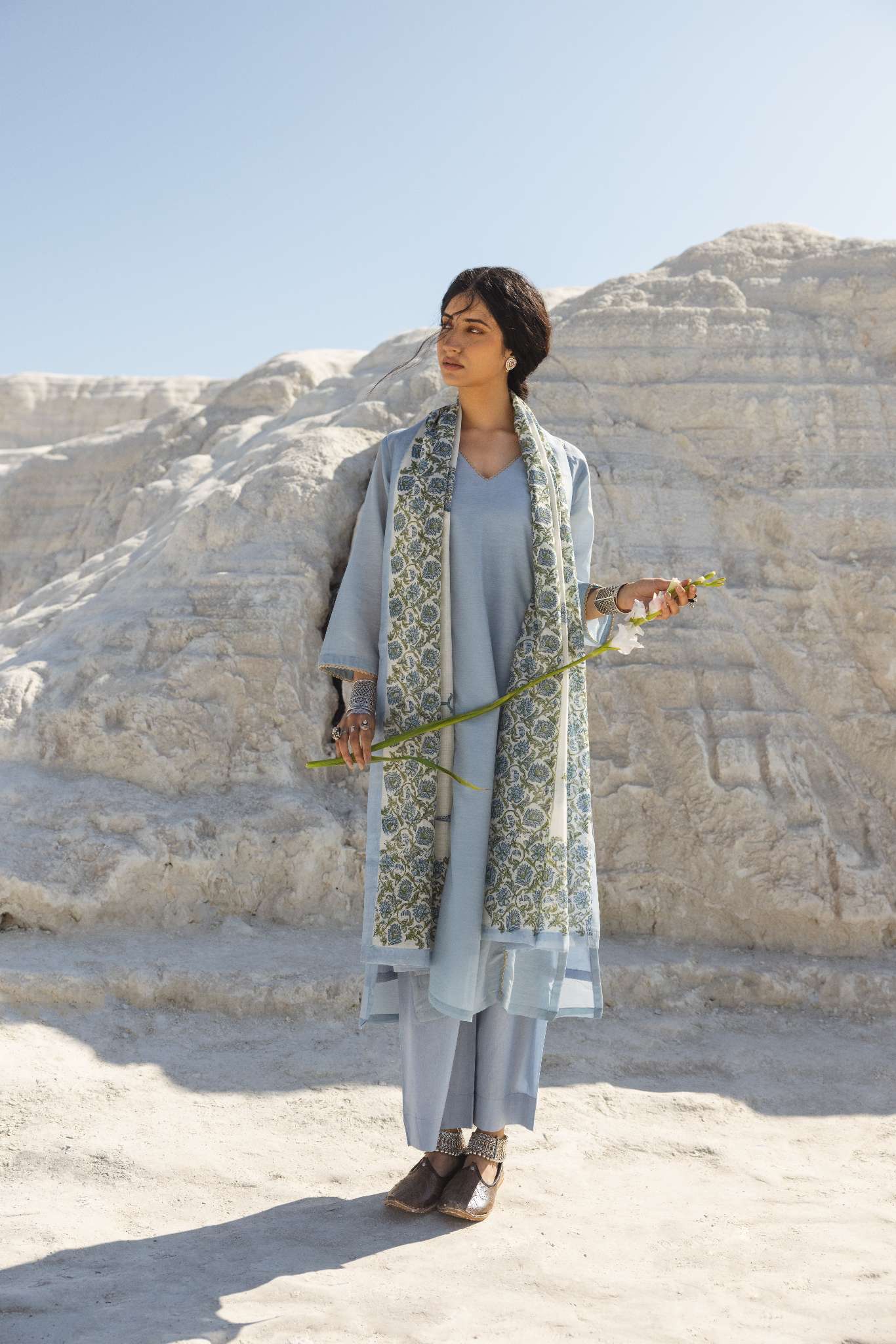 POWDER BLUE MUL CHANDERI KURTA SET