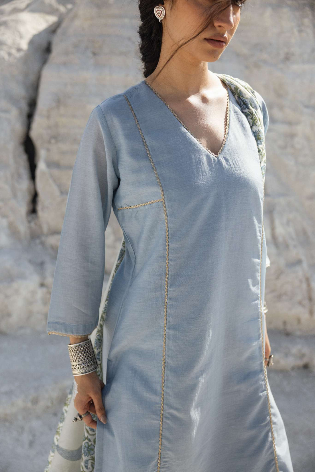 POWDER BLUE MUL CHANDERI KURTA SET