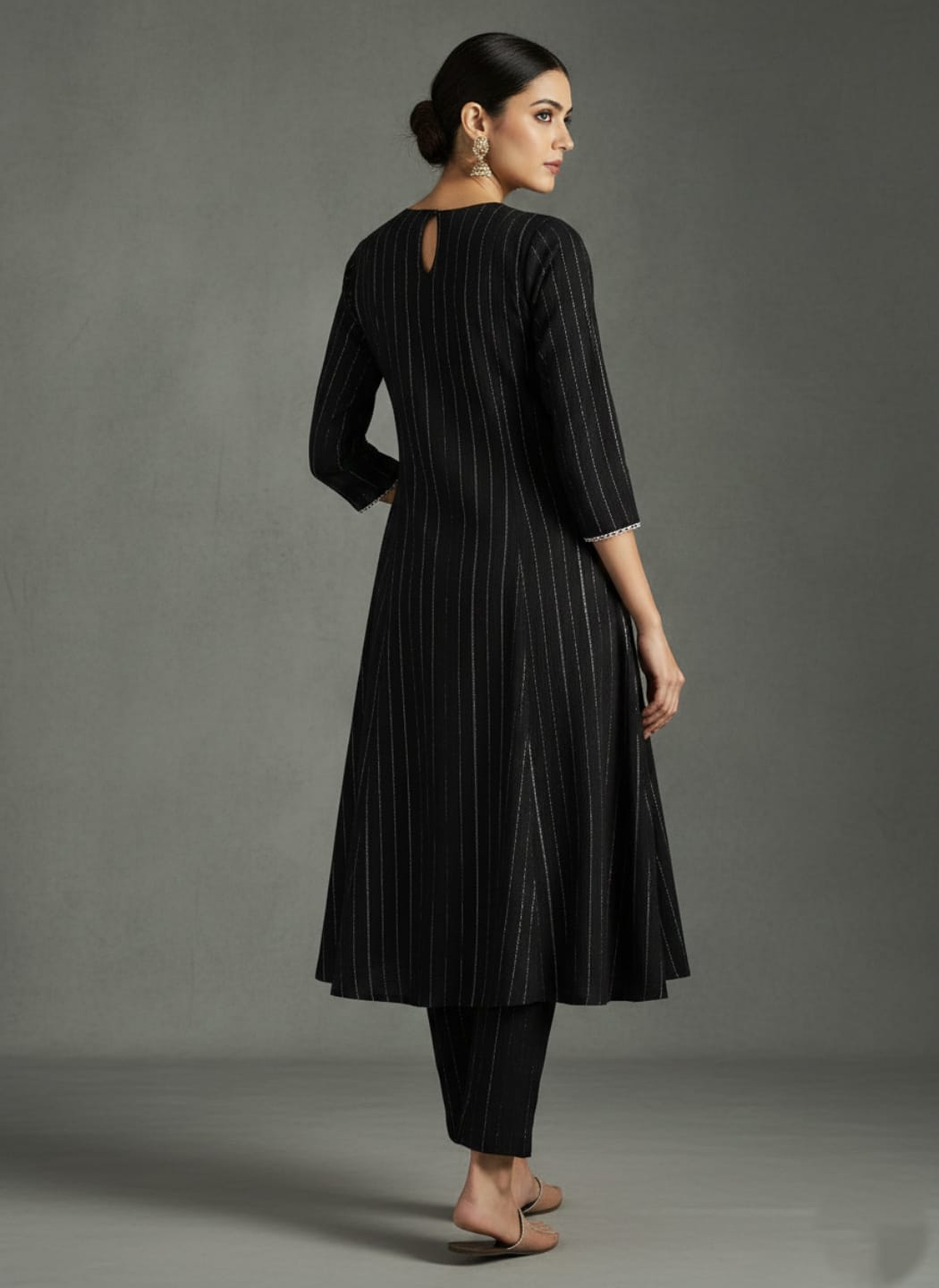 zeyvelle Women Black Lurex Crepe Anarkali Kurta With Trousers.