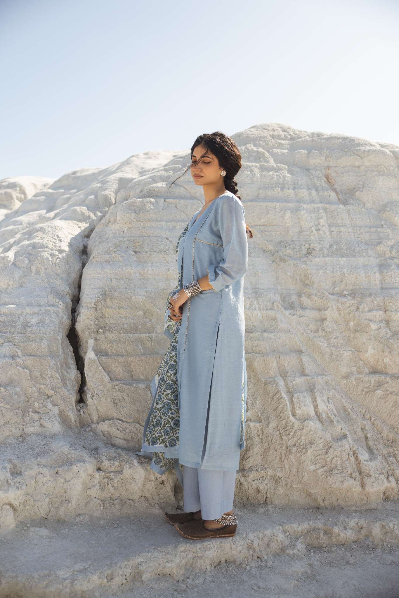 POWDER BLUE MUL CHANDERI KURTA SET
