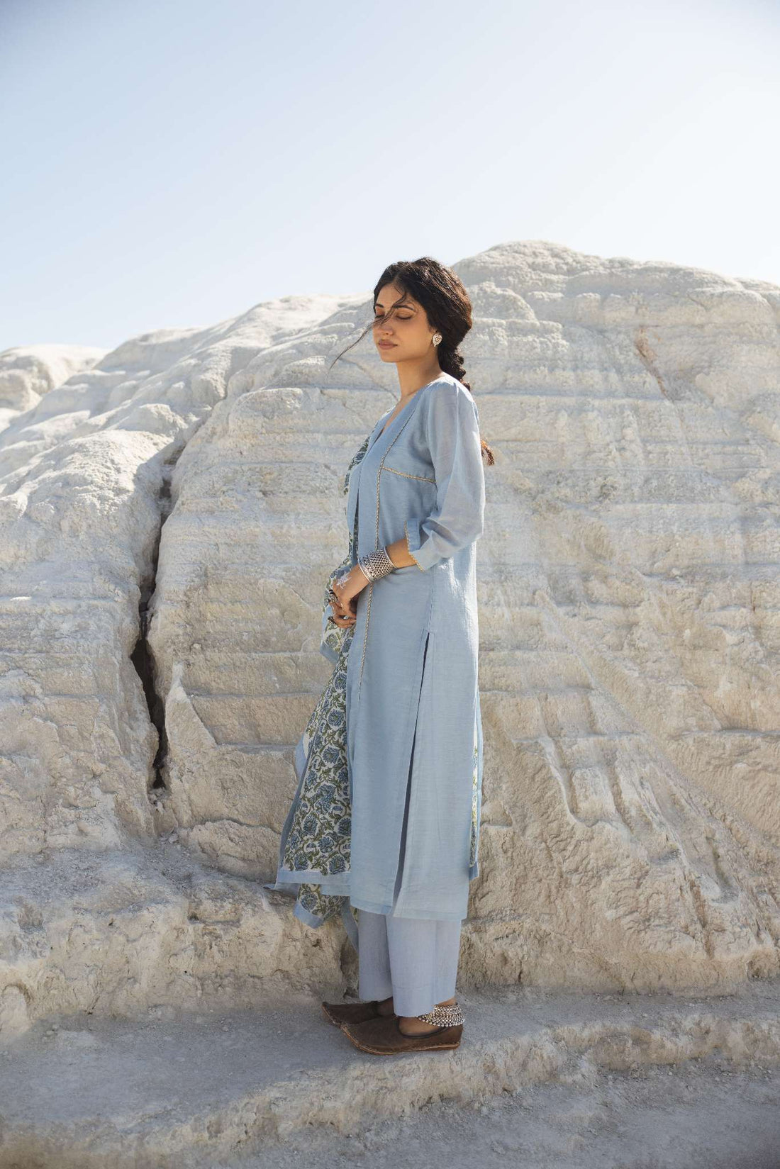 POWDER BLUE MUL CHANDERI KURTA SET
