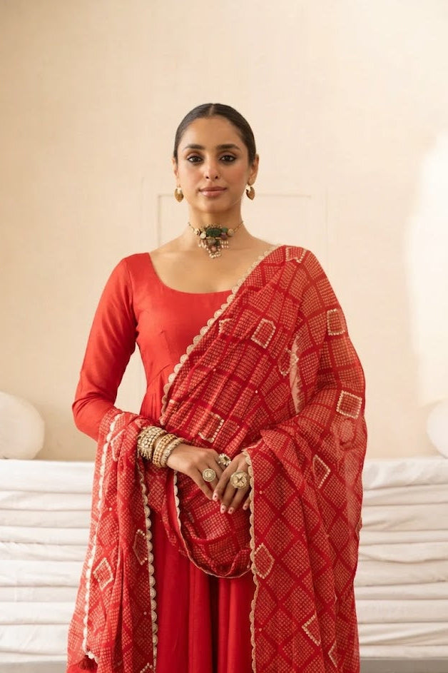 Red Pure Dola Silk Kurta Set