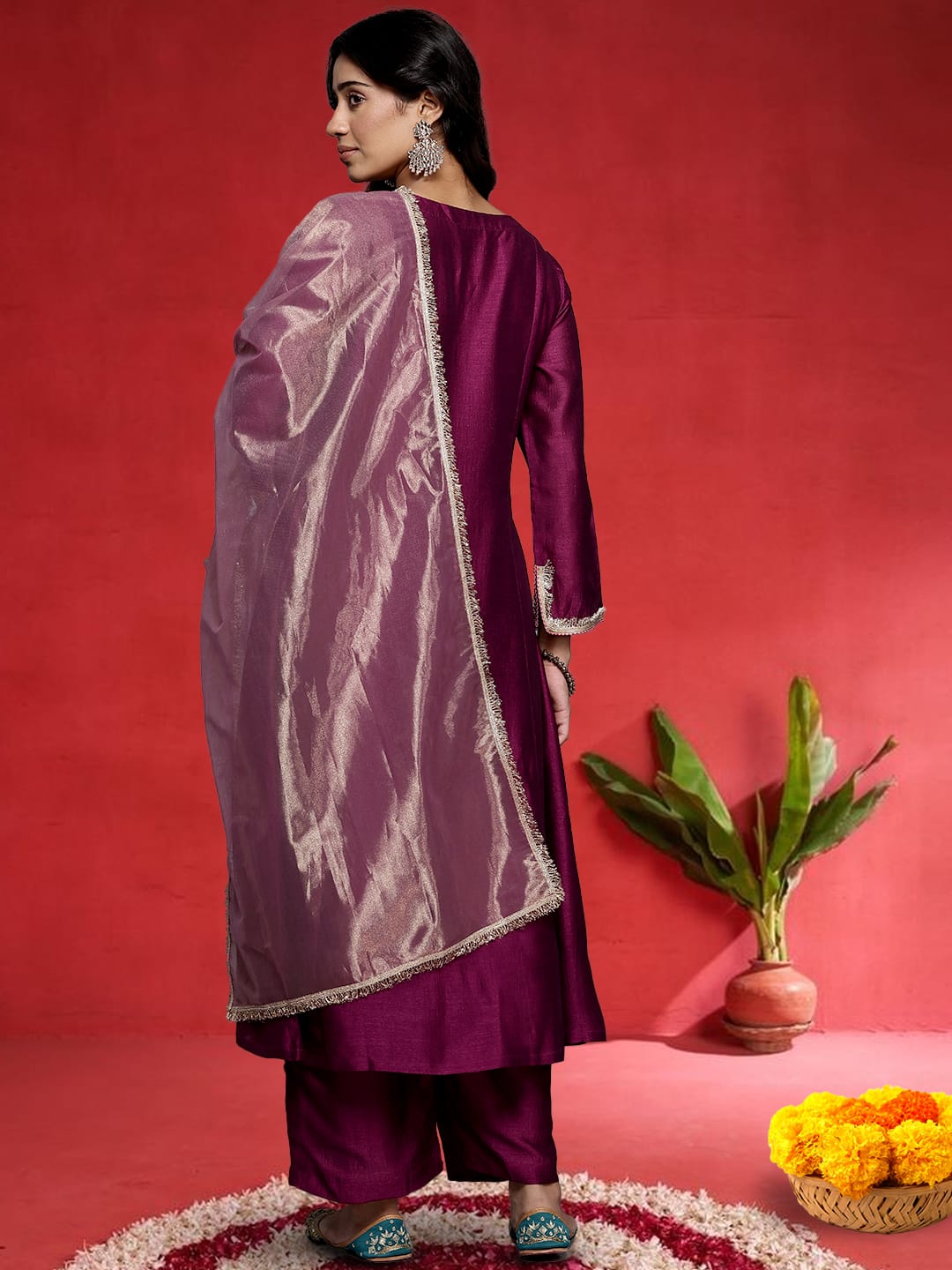 zeyvelle Women Wine Zari Lace Embellished Anarkali Kurta With Trousers And Tissue Dupatta.