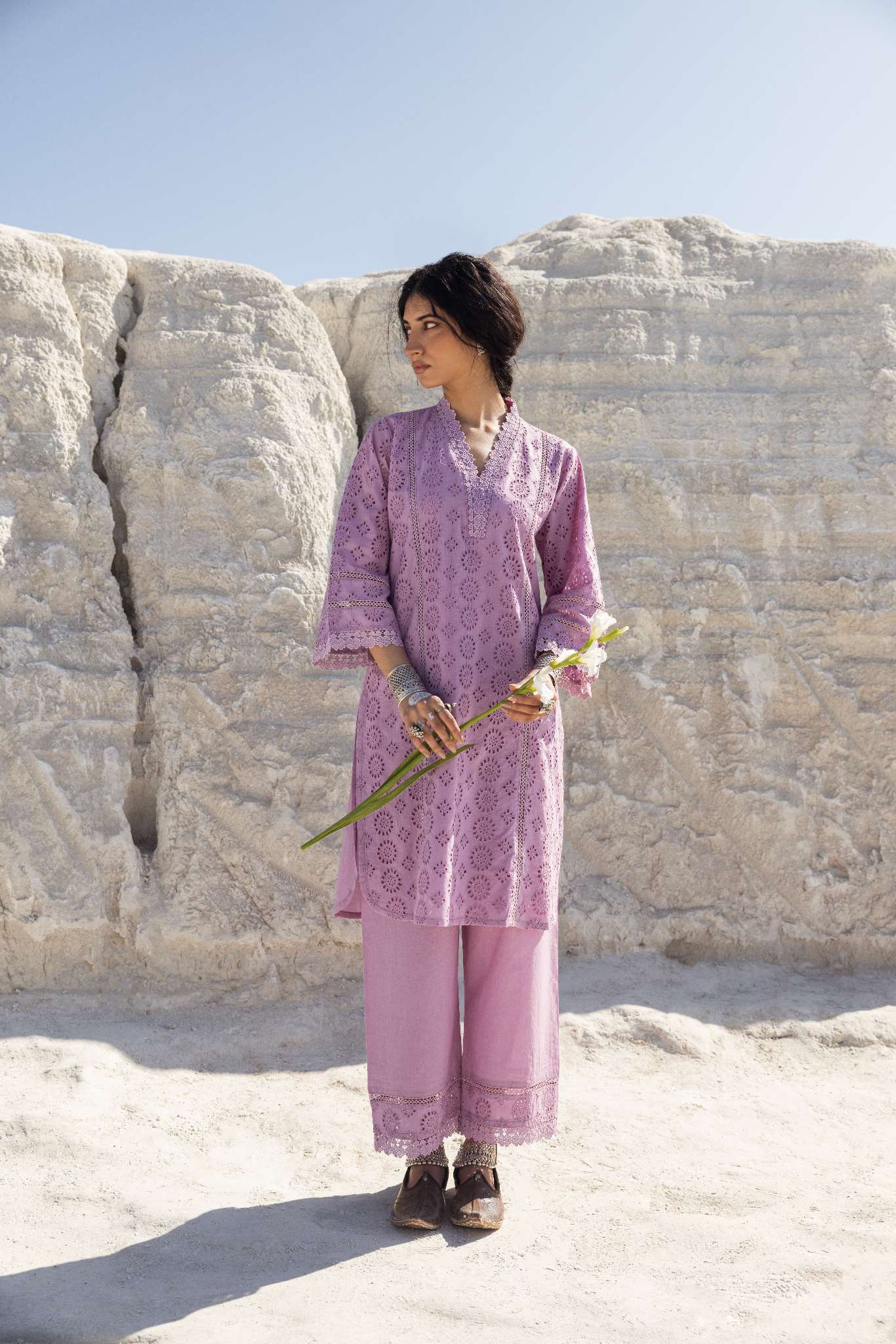 PURPLE SCHIFFLI KURTA SET