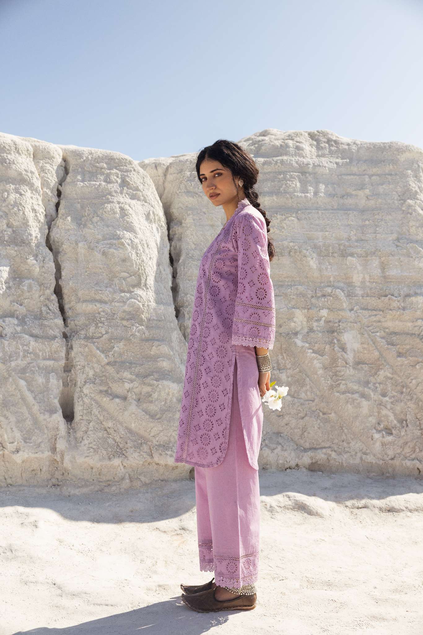 PURPLE SCHIFFLI KURTA SET